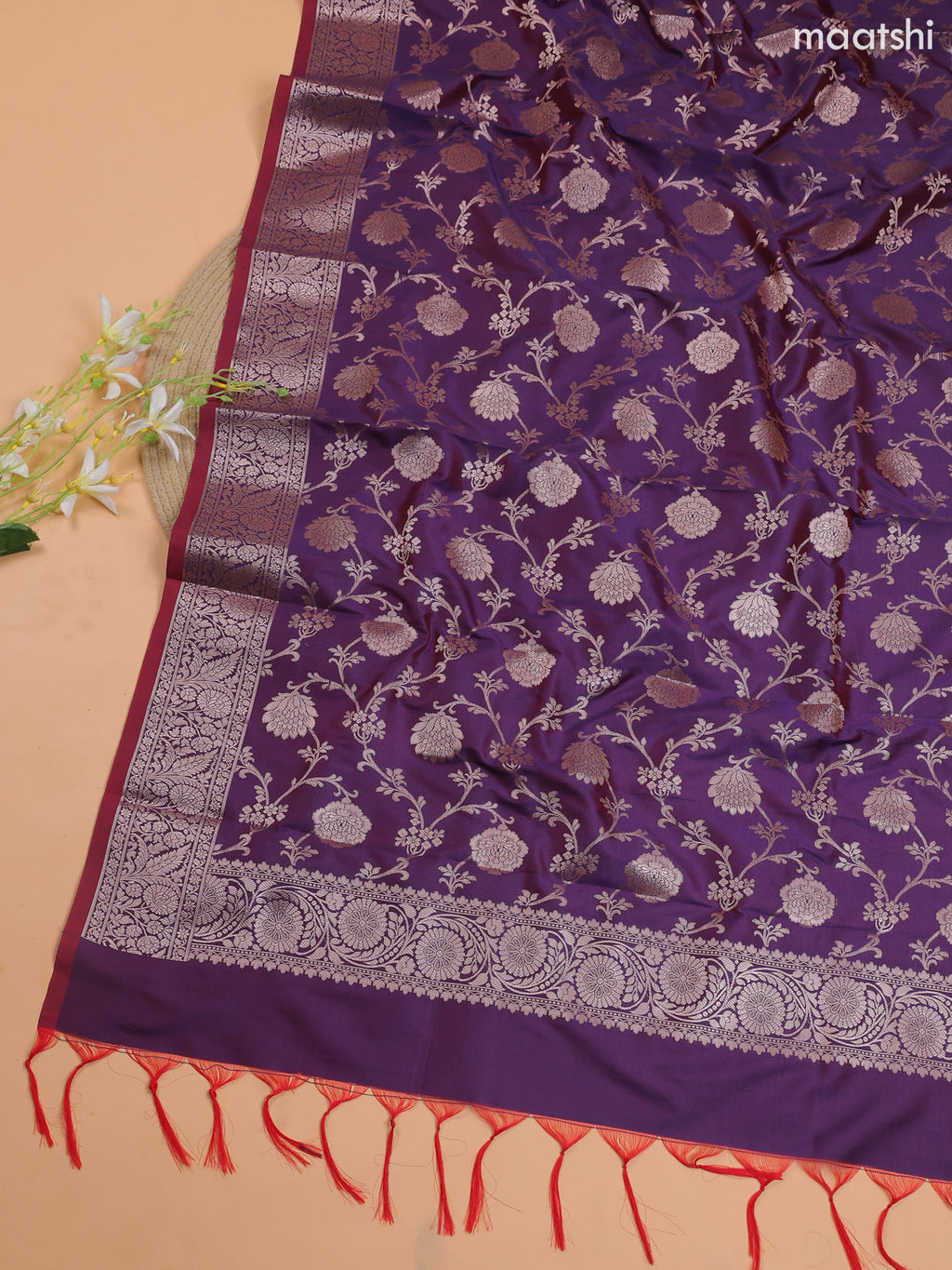 Dual Shade Of Peach and Violet Banarasi Silk Dress Material With With Allover Zari Buttas