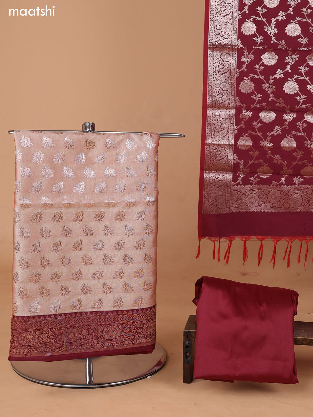 Beige and Maroon Banarasi Silk Dress Material With With Allover Zari Buttas and Bottom & Dupatta