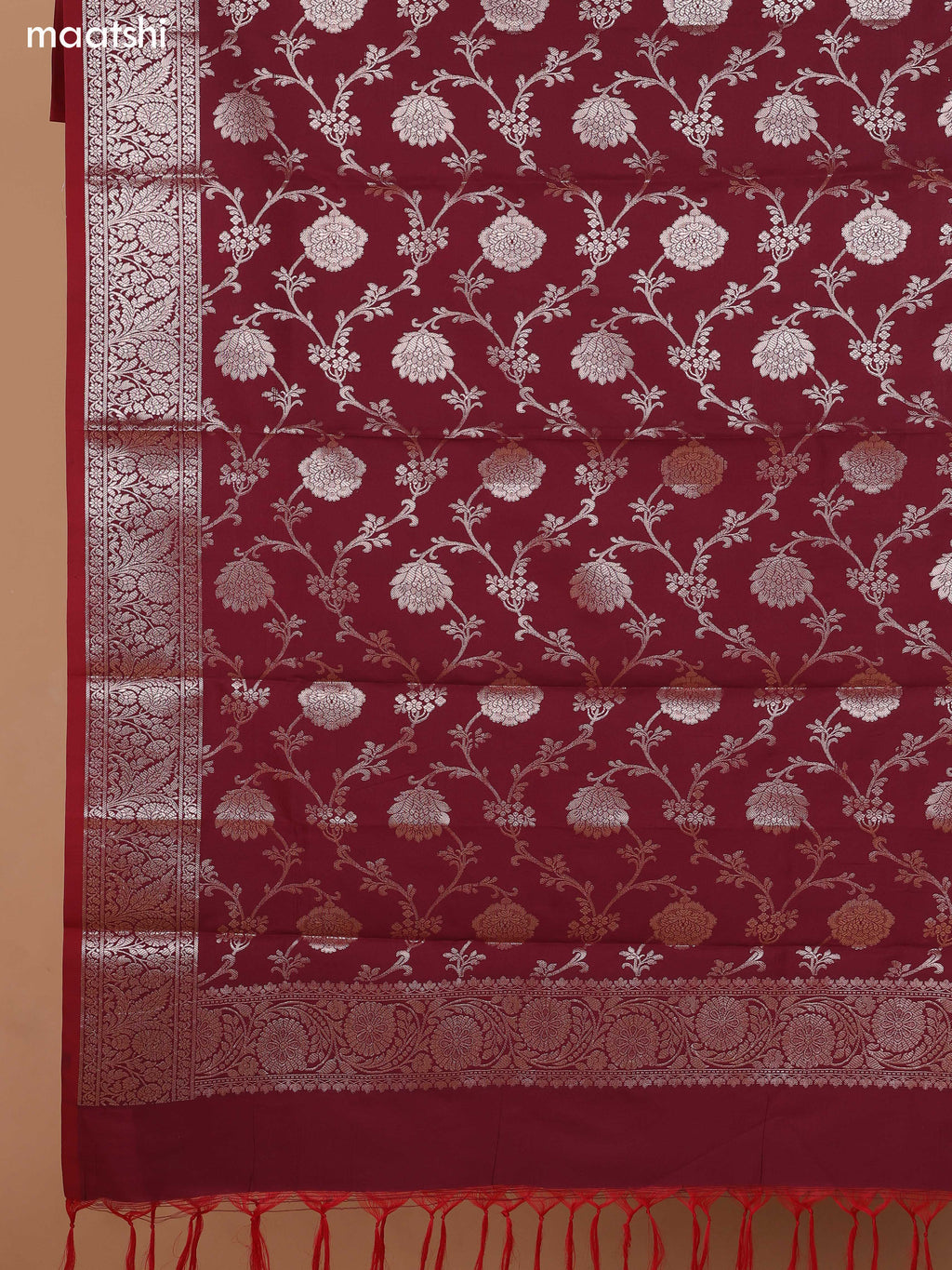 Beige and Maroon Banarasi Silk Dress Material With With Allover Zari Buttas and Bottom & Dupatta