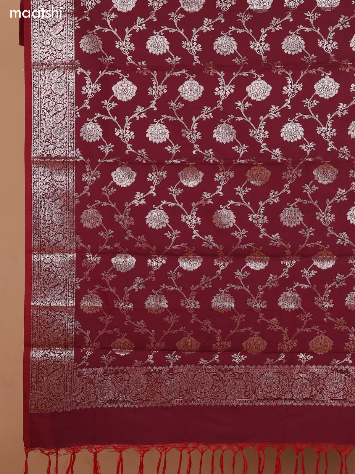 Beige and Maroon Banarasi Silk Dress Material With With Allover Zari Buttas and Bottom & Dupatta