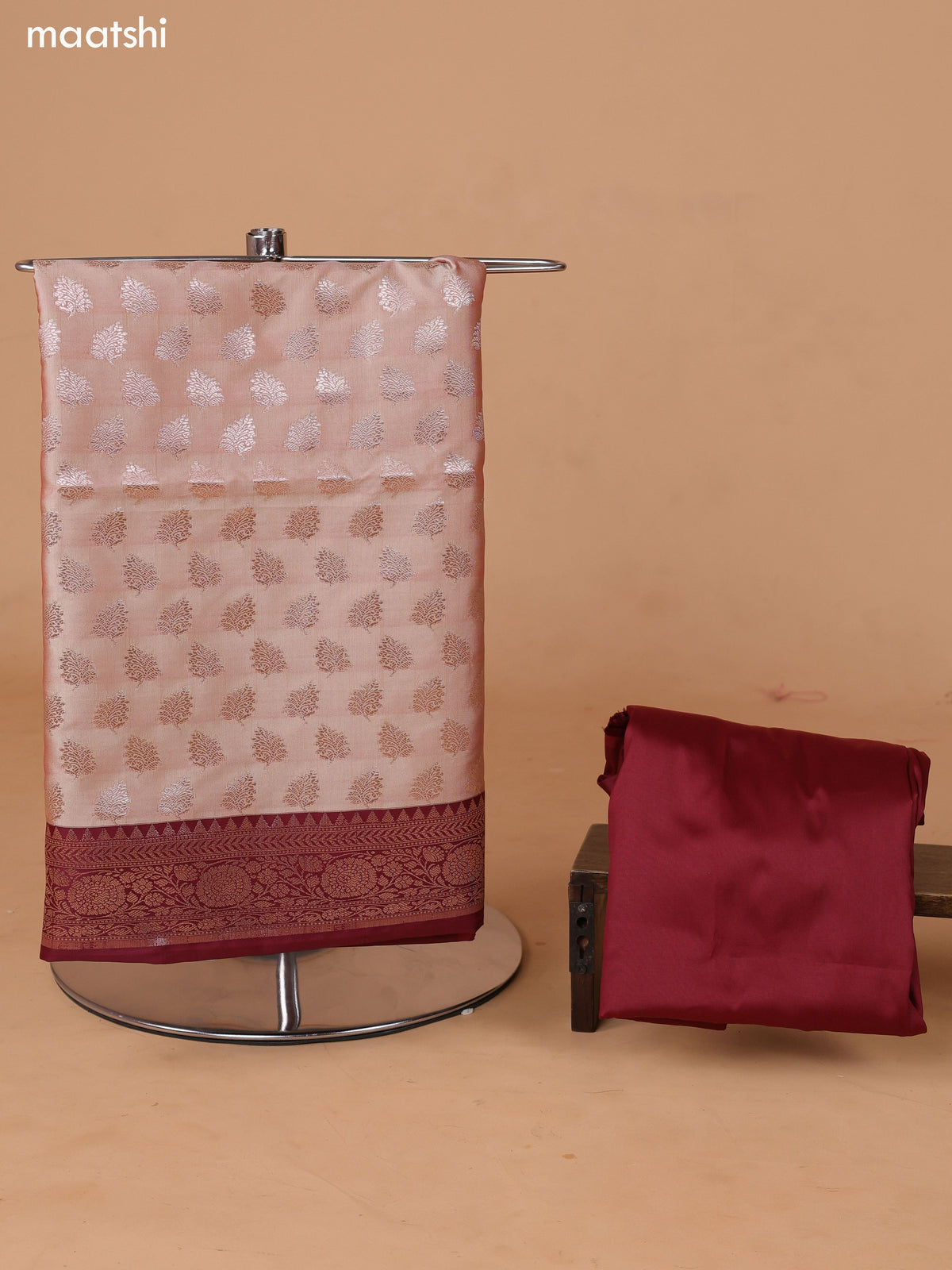 Beige and Maroon Banarasi Silk Dress Material With With Allover Zari Buttas and Bottom & Dupatta