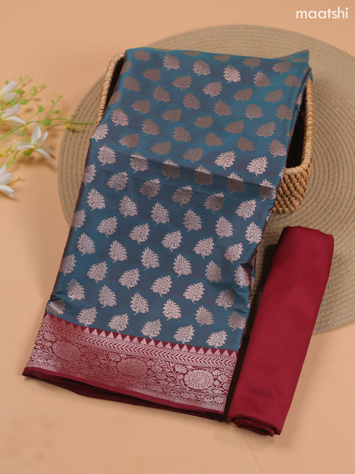 Dual Shade Of Green and Maroon Banarasi Silk Dress Material With With Allover Zari Buttas
