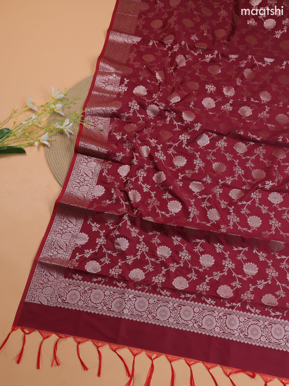 Dual Shade Of Green and Maroon Banarasi Silk Dress Material With With Allover Zari Buttas