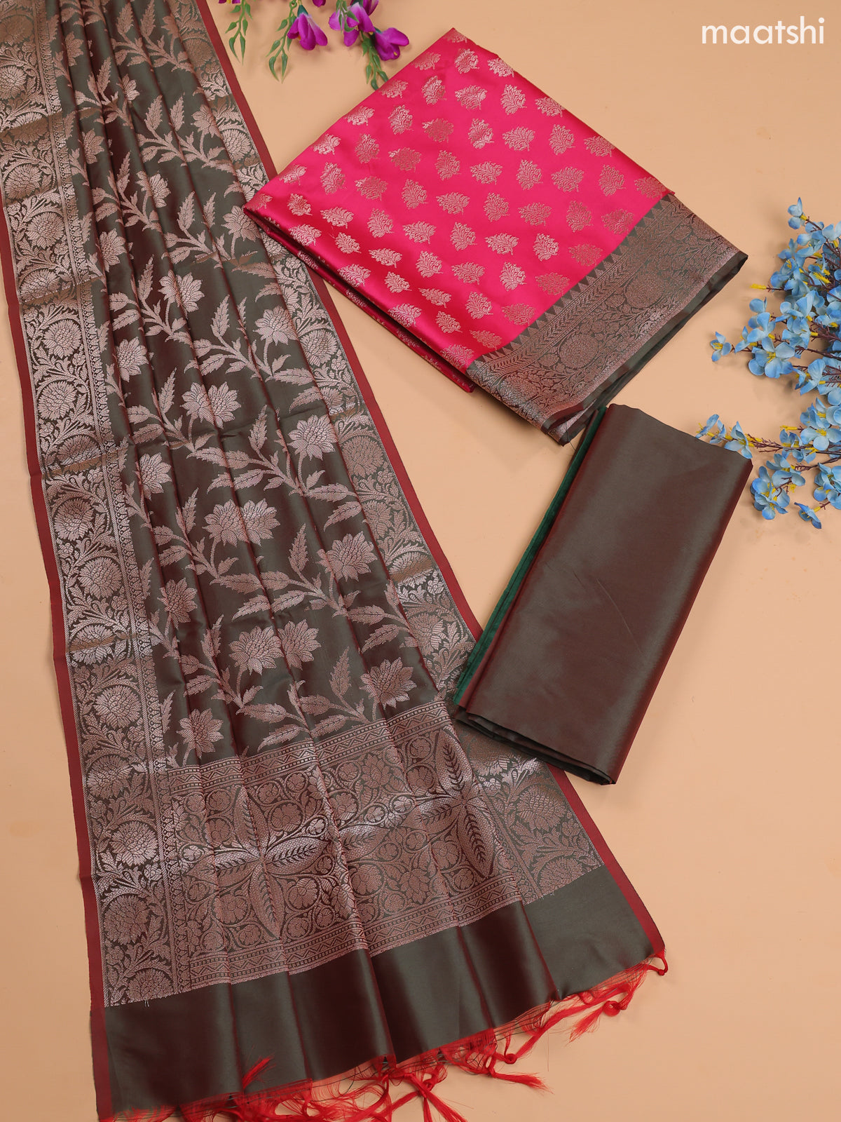 Pink and Olive Green Banarasi Silk Dress Material With With Allover Zari Buttas