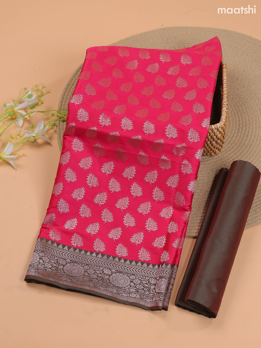 Pink and Olive Green Banarasi Silk Dress Material With With Allover Zari Buttas