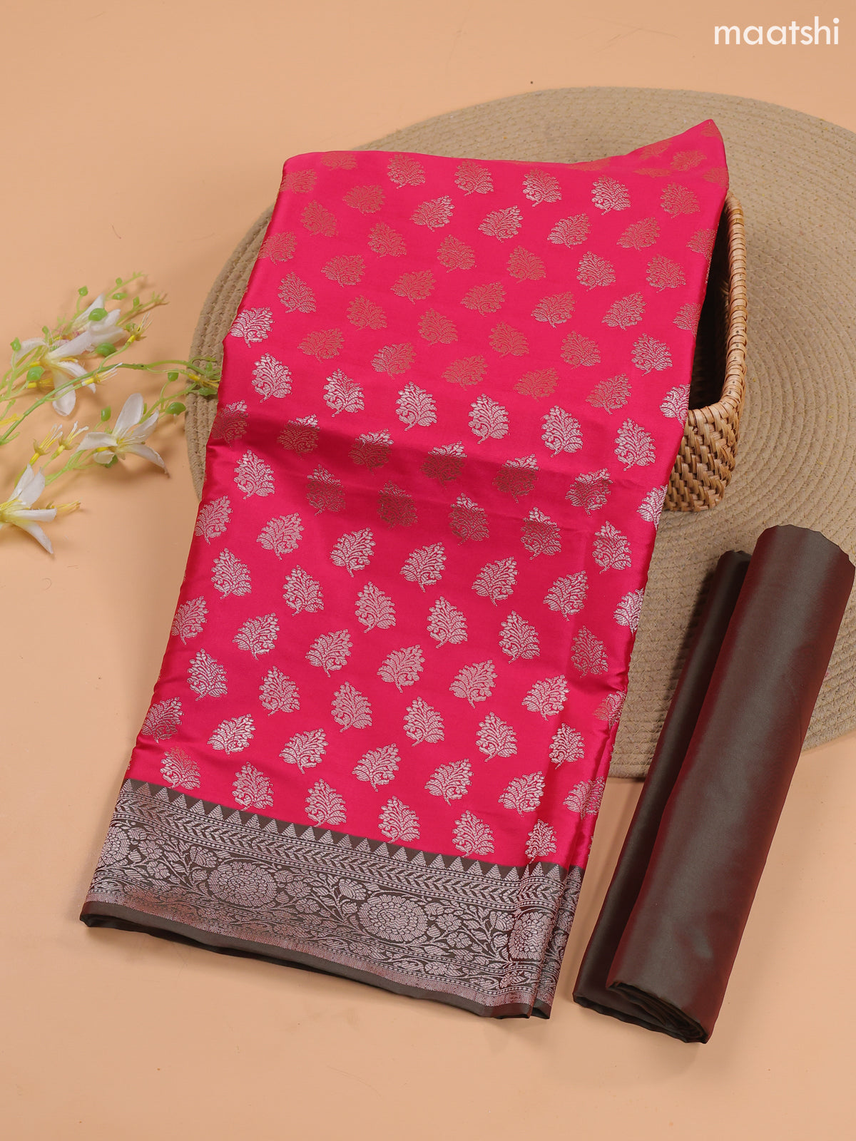 Pink and Olive Green Banarasi Silk Dress Material With With Allover Zari Buttas