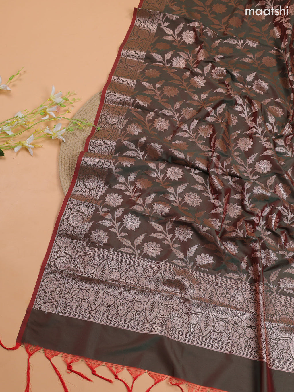 Pink and Olive Green Banarasi Silk Dress Material With With Allover Zari Buttas
