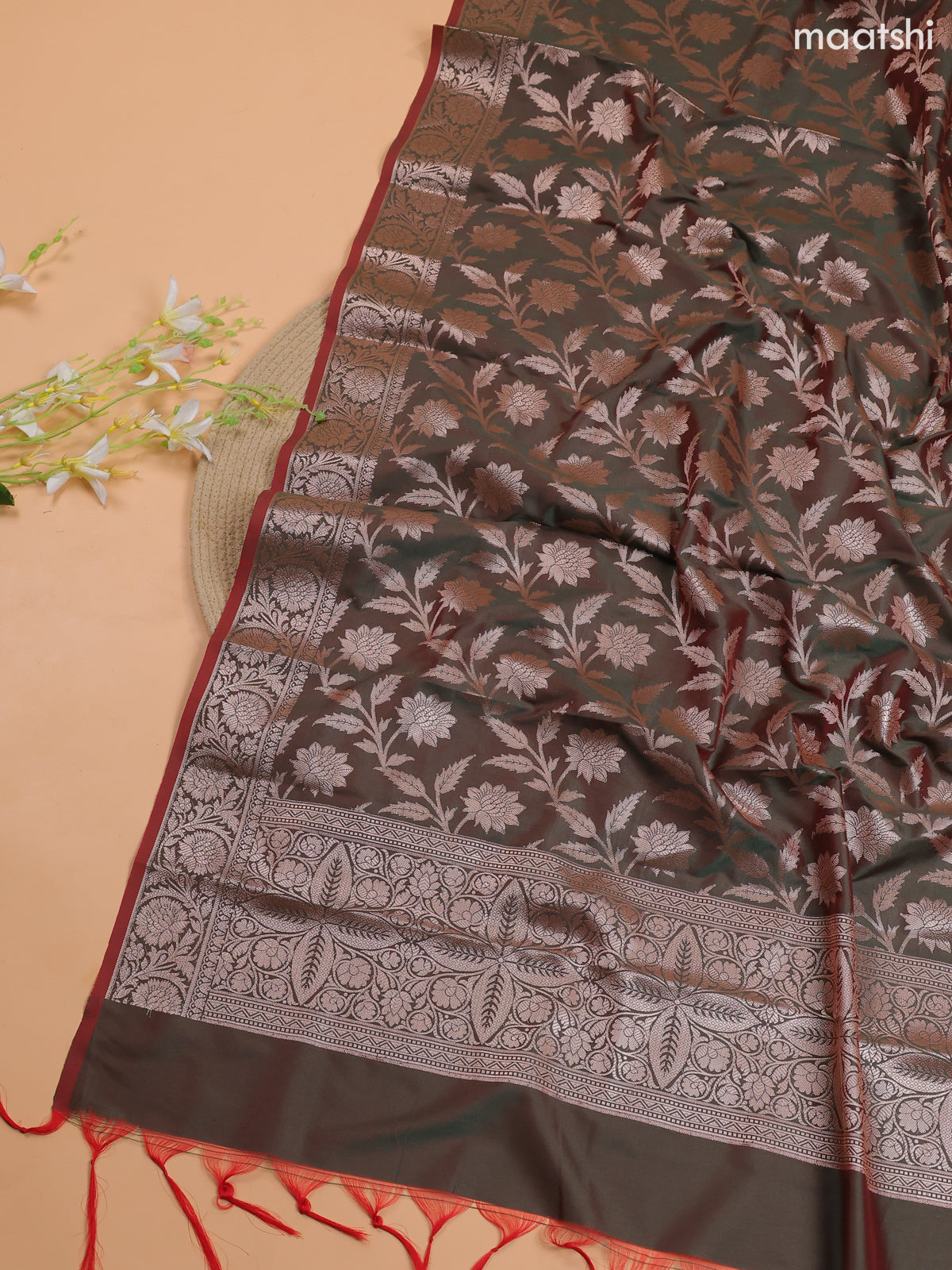 Pink and Olive Green Banarasi Silk Dress Material With With Allover Zari Buttas