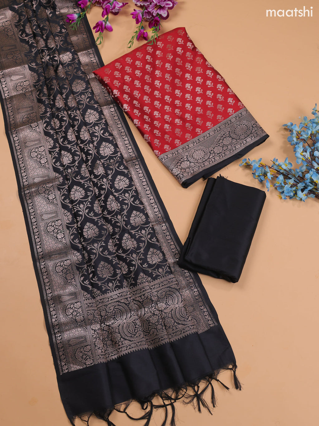 Red and Black Banarasi Silk Dress Material With With Allover Zari Buttas