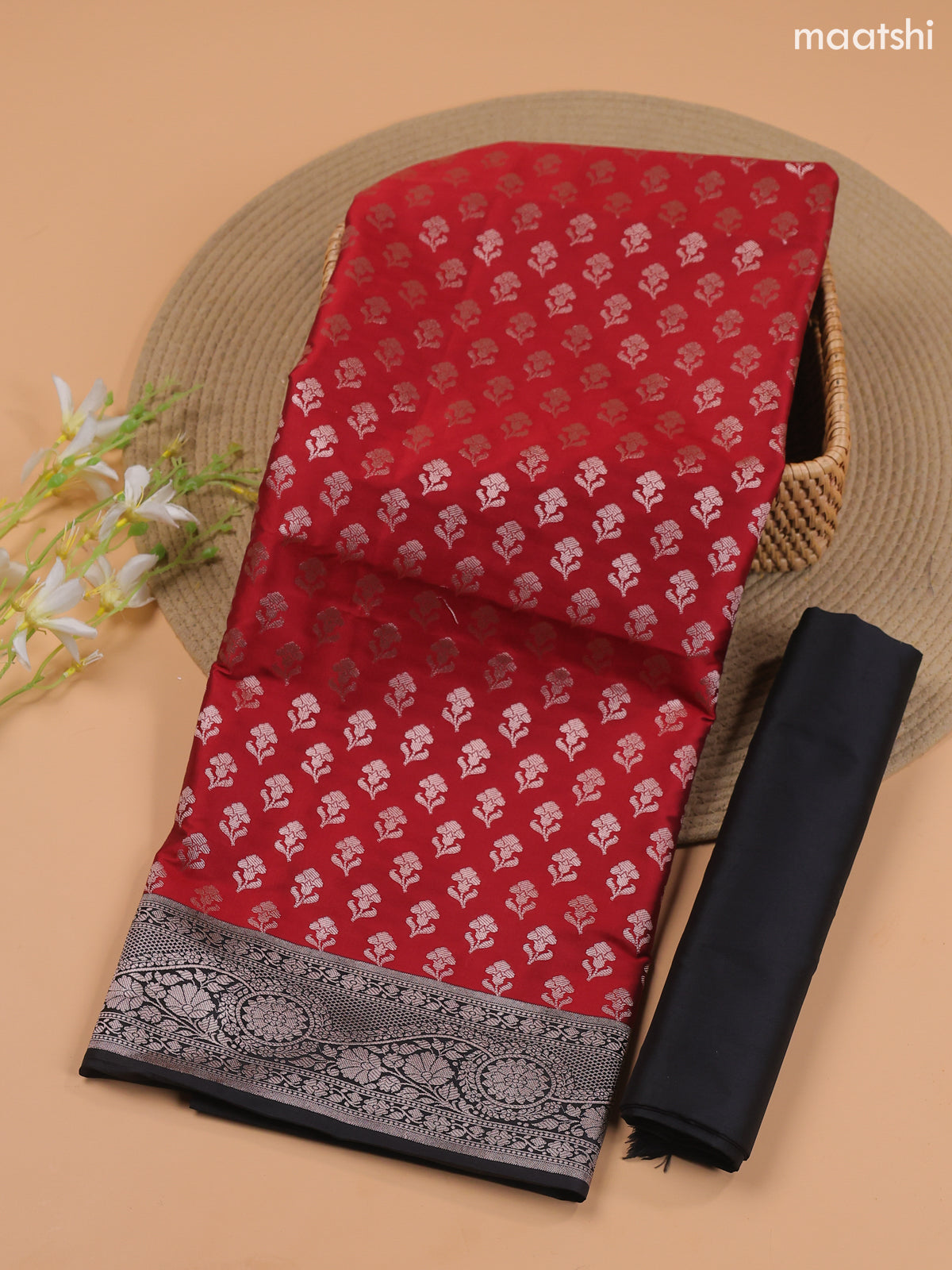 Red and Black Banarasi Silk Dress Material With With Allover Zari Buttas