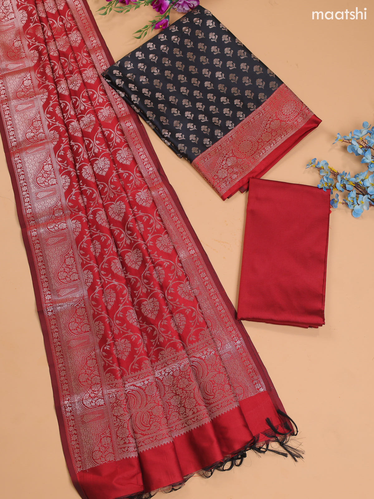 Black and Red Banarasi Silk Dress Material With With Allover Zari Buttas