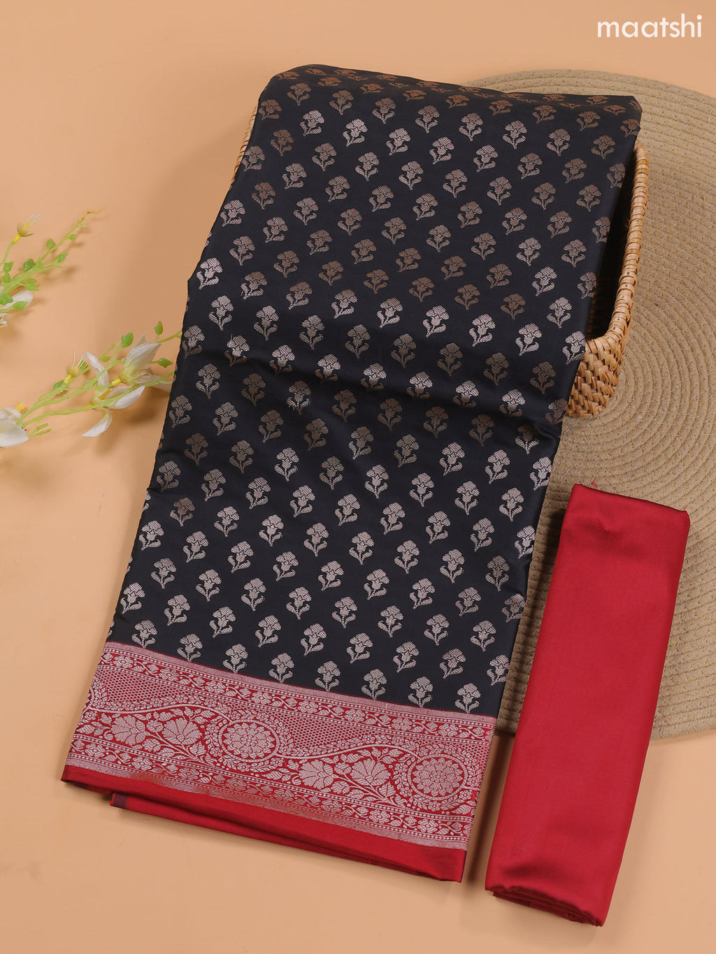 Black and Red Banarasi Silk Dress Material With With Allover Zari Buttas
