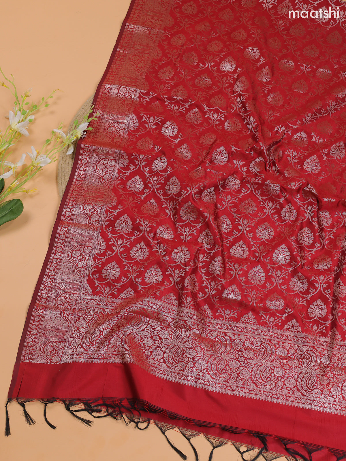 Black and Red Banarasi Silk Dress Material With With Allover Zari Buttas