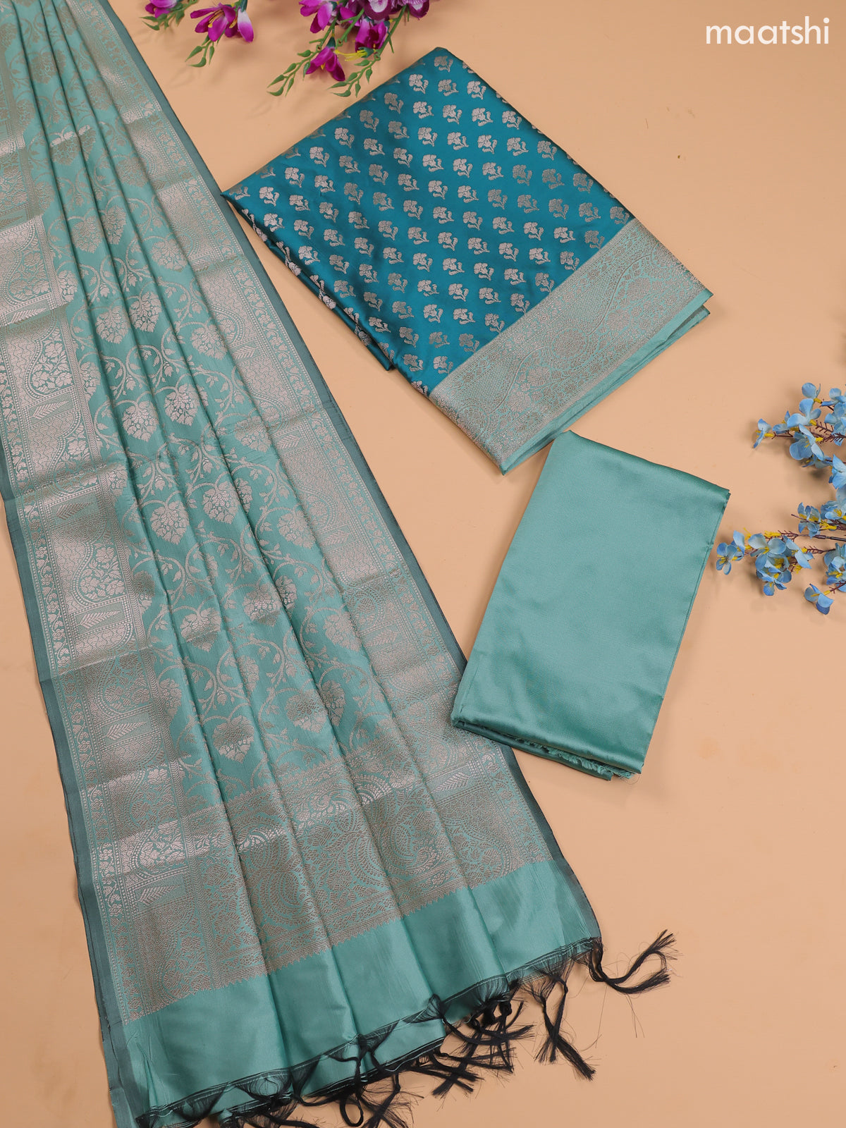 Teal Green and Pastel Green Banarasi Silk Dress Material With With Allover Zari Buttas