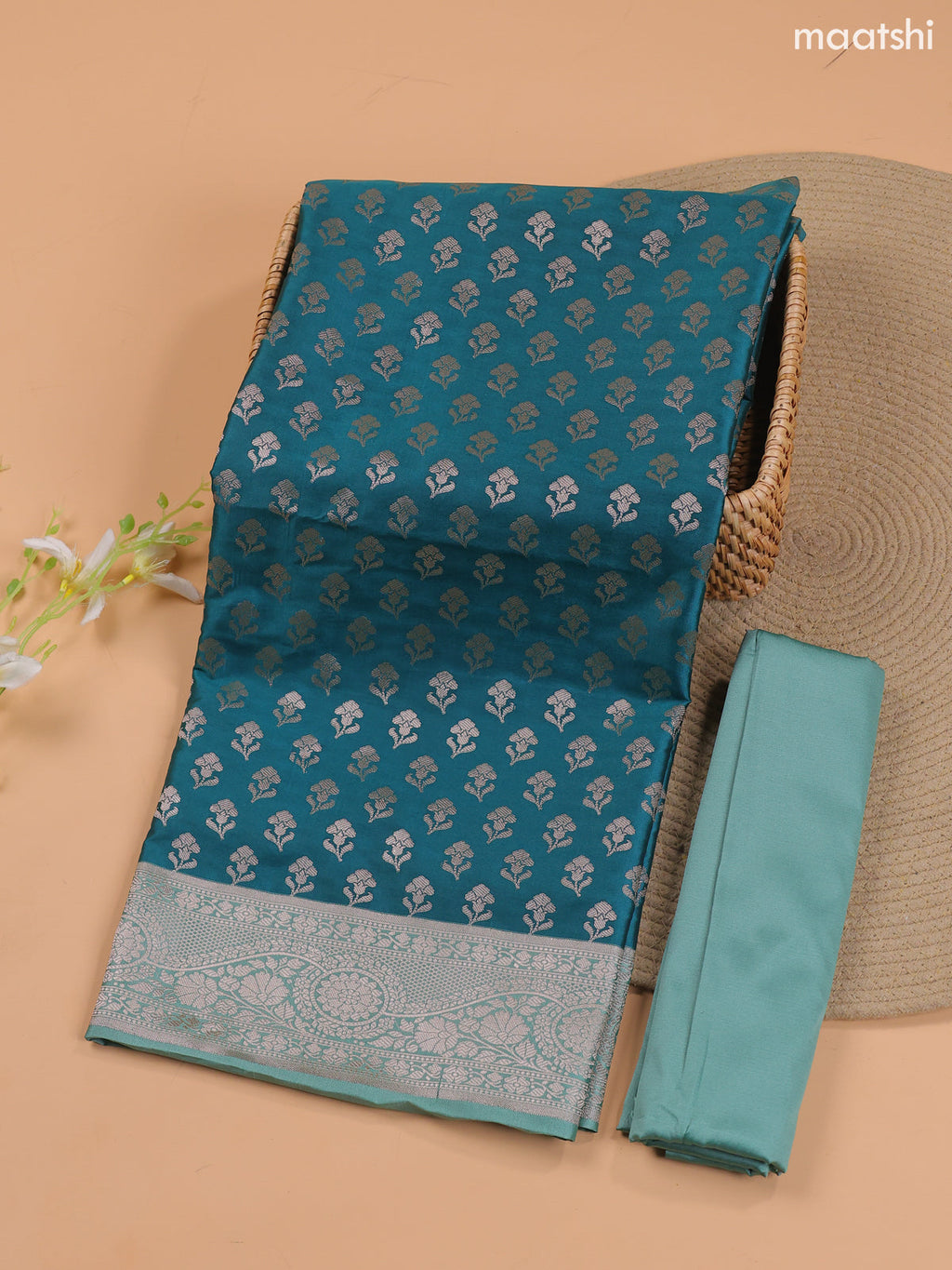 Teal Green and Pastel Green Banarasi Silk Dress Material With With Allover Zari Buttas