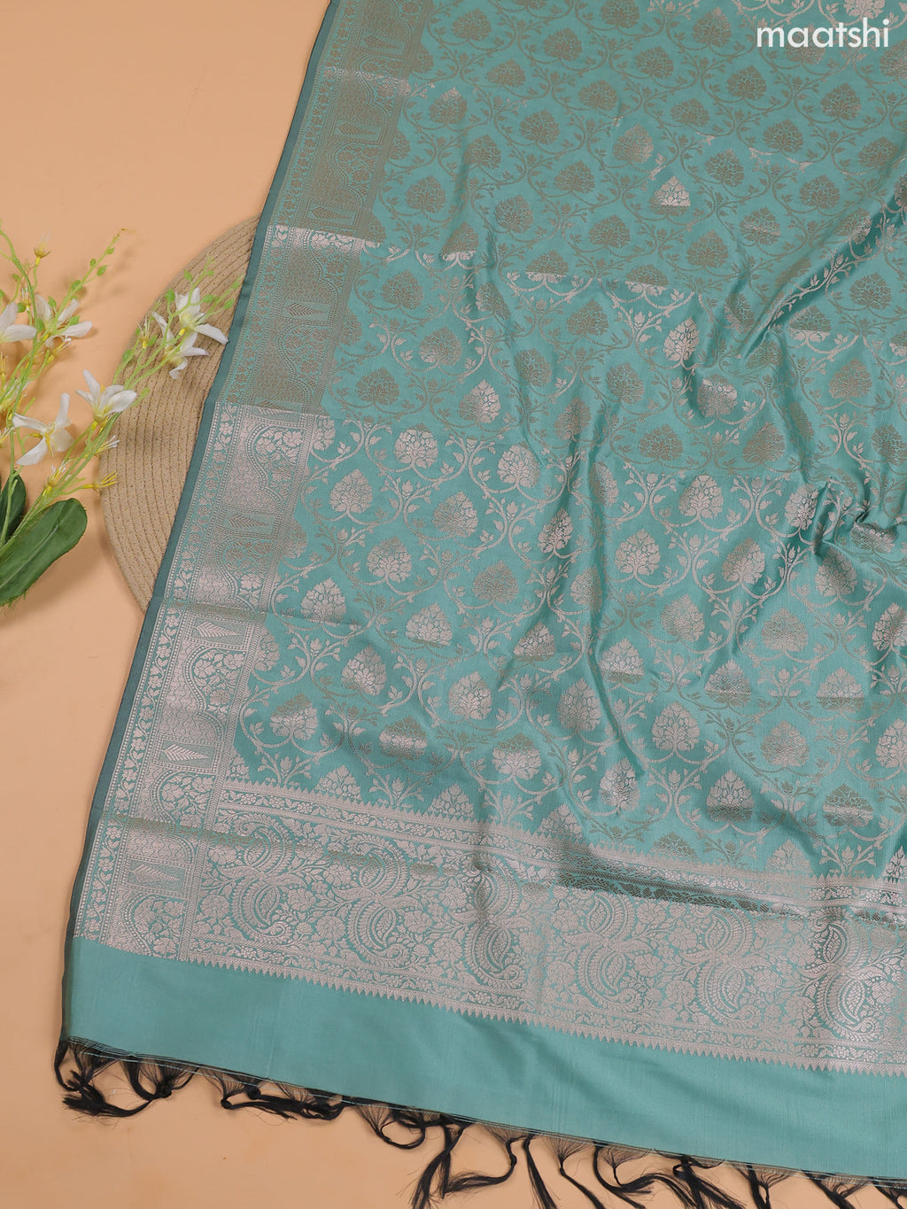 Teal Green and Pastel Green Banarasi Silk Dress Material With With Allover Zari Buttas
