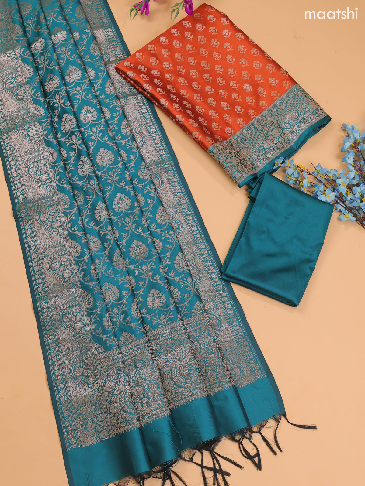 Rust Orange and Green Banarasi Silk Dress Material With With Allover Zari Buttas
