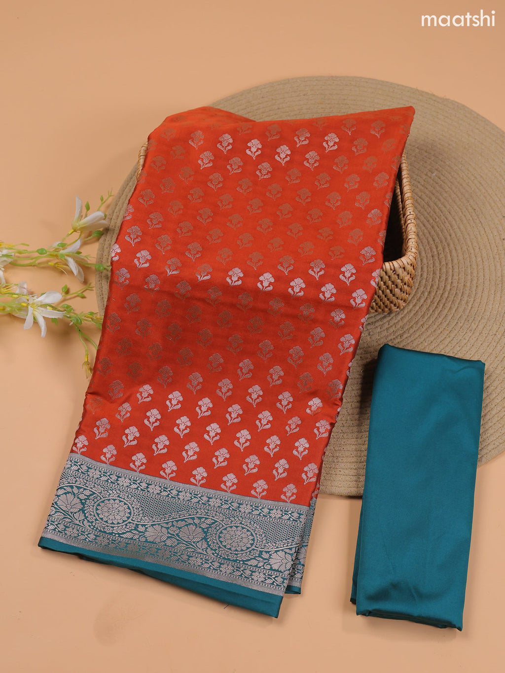 Rust Orange and Green Banarasi Silk Dress Material With With Allover Zari Buttas