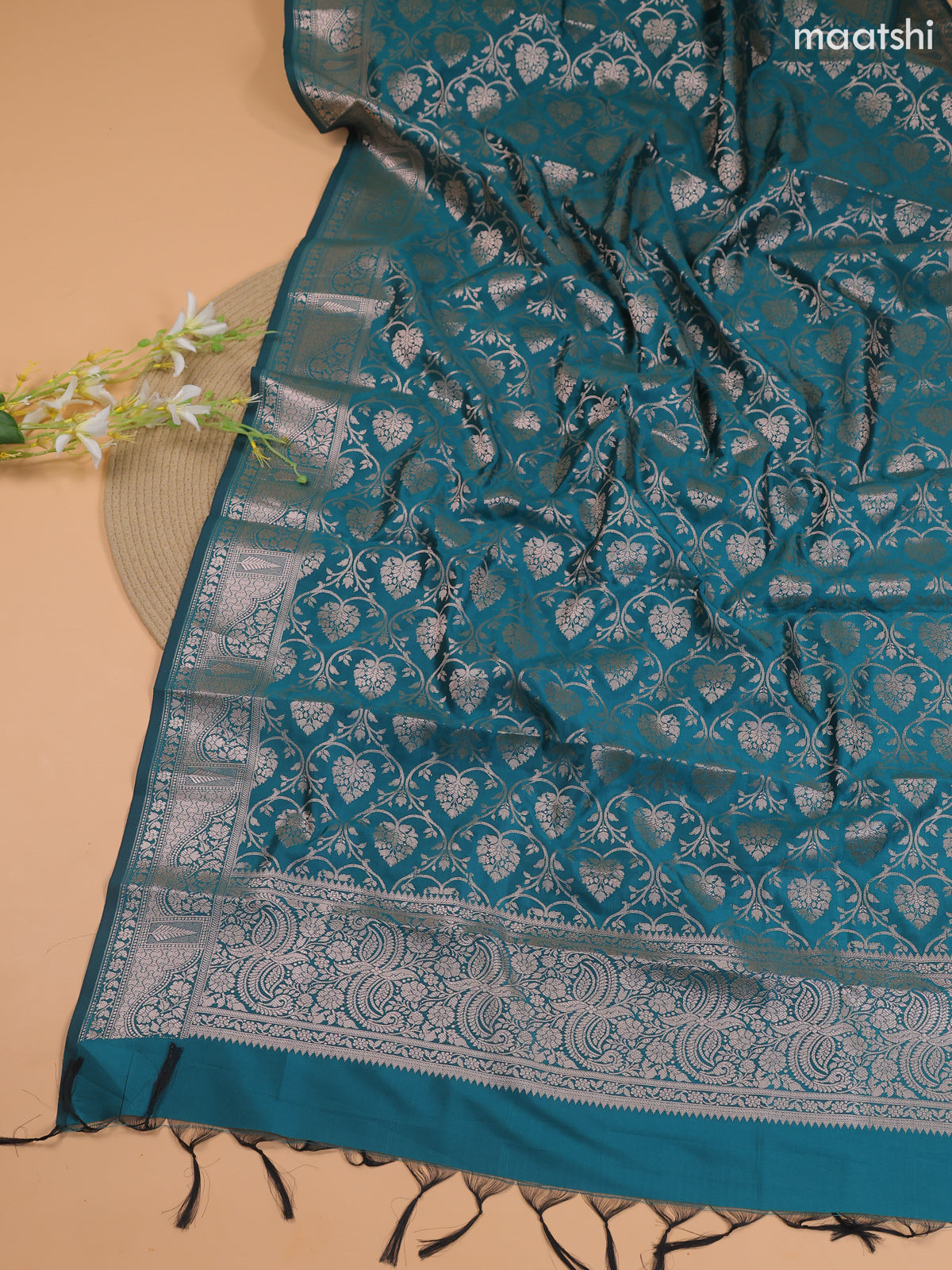 Rust Orange and Green Banarasi Silk Dress Material With With Allover Zari Buttas