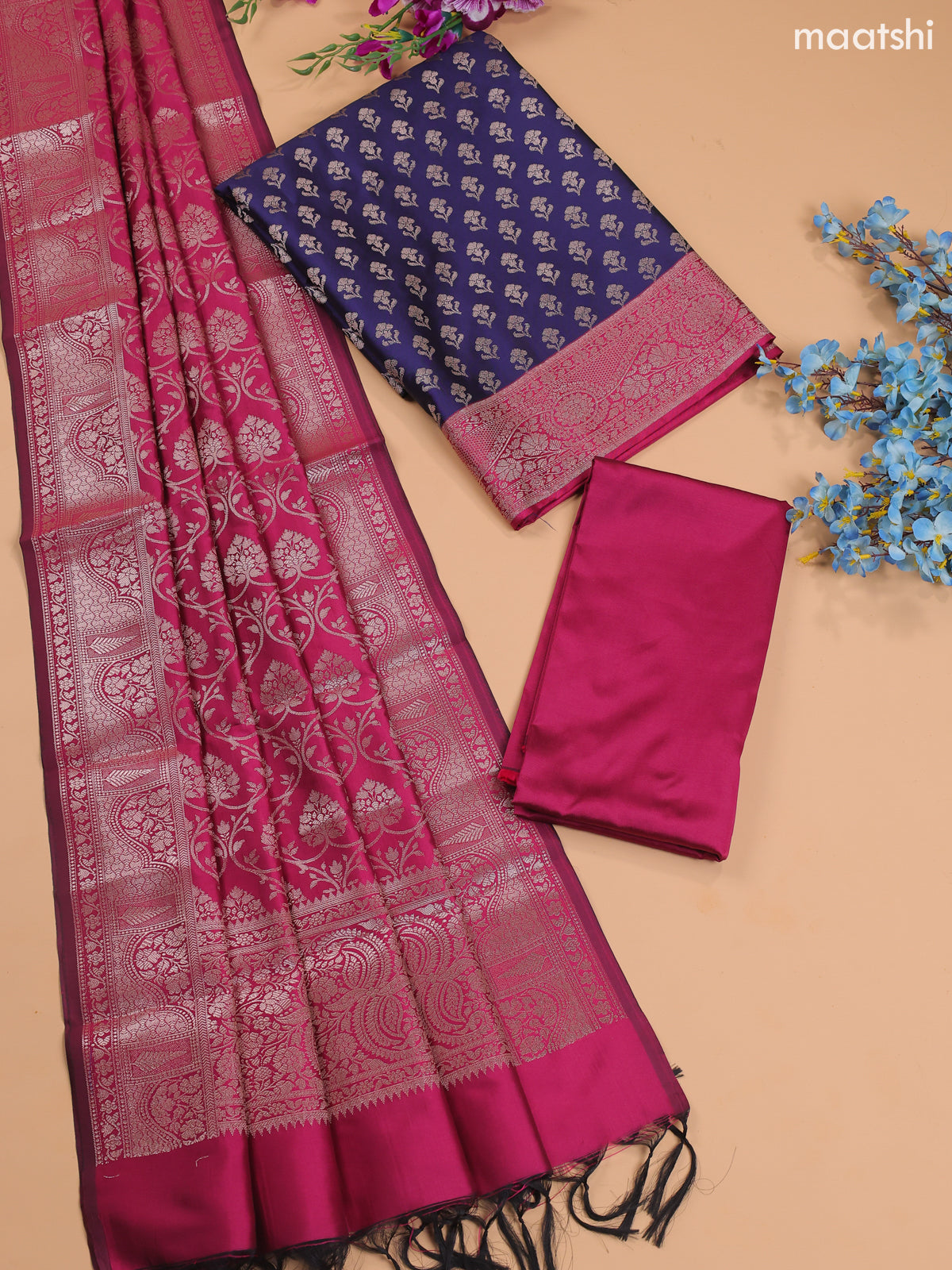 Navy Blue and Magenta Pink Banarasi Silk Dress Material With With Allover Zari Buttas