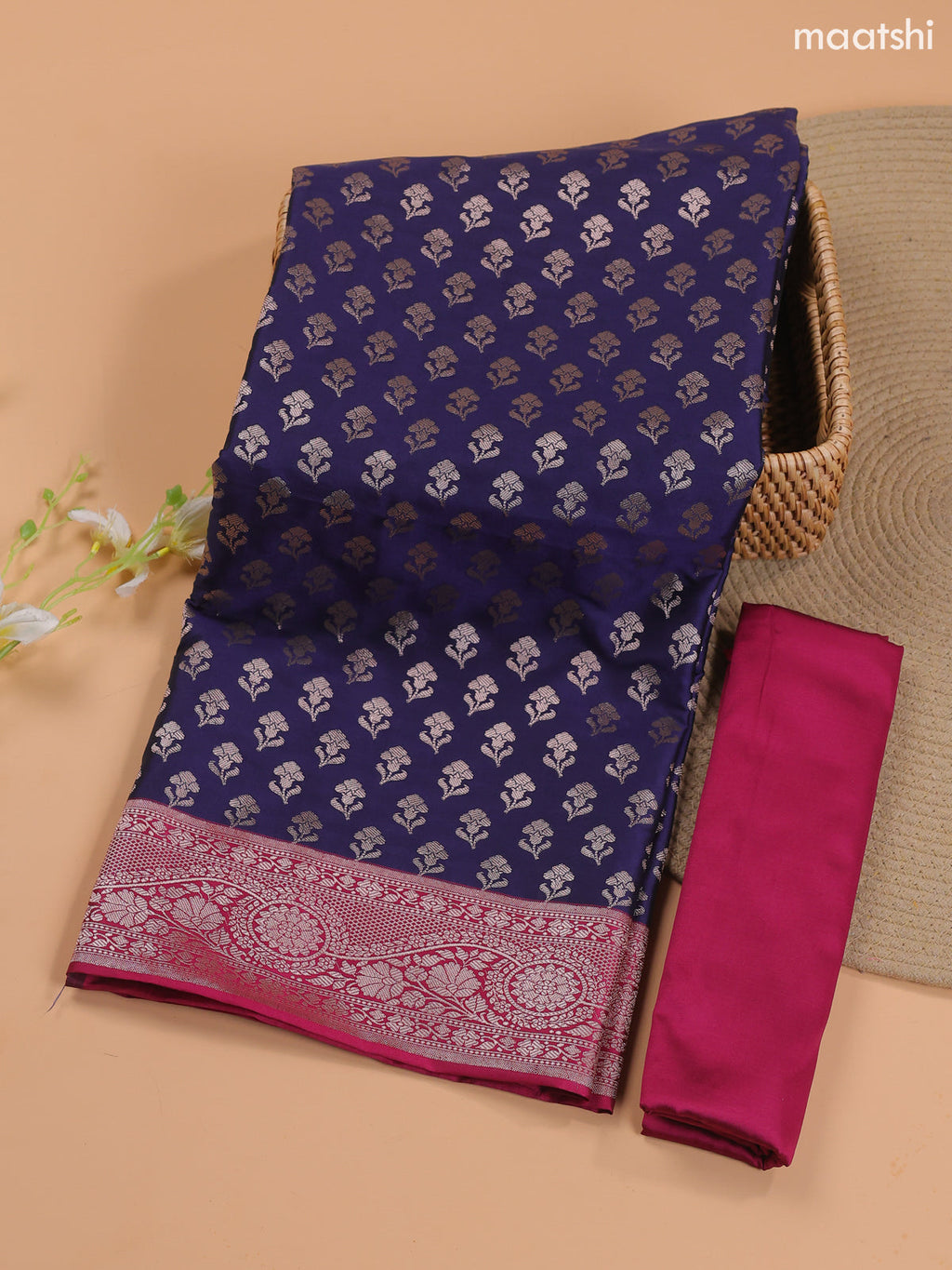 Navy Blue and Magenta Pink Banarasi Silk Dress Material With With Allover Zari Buttas