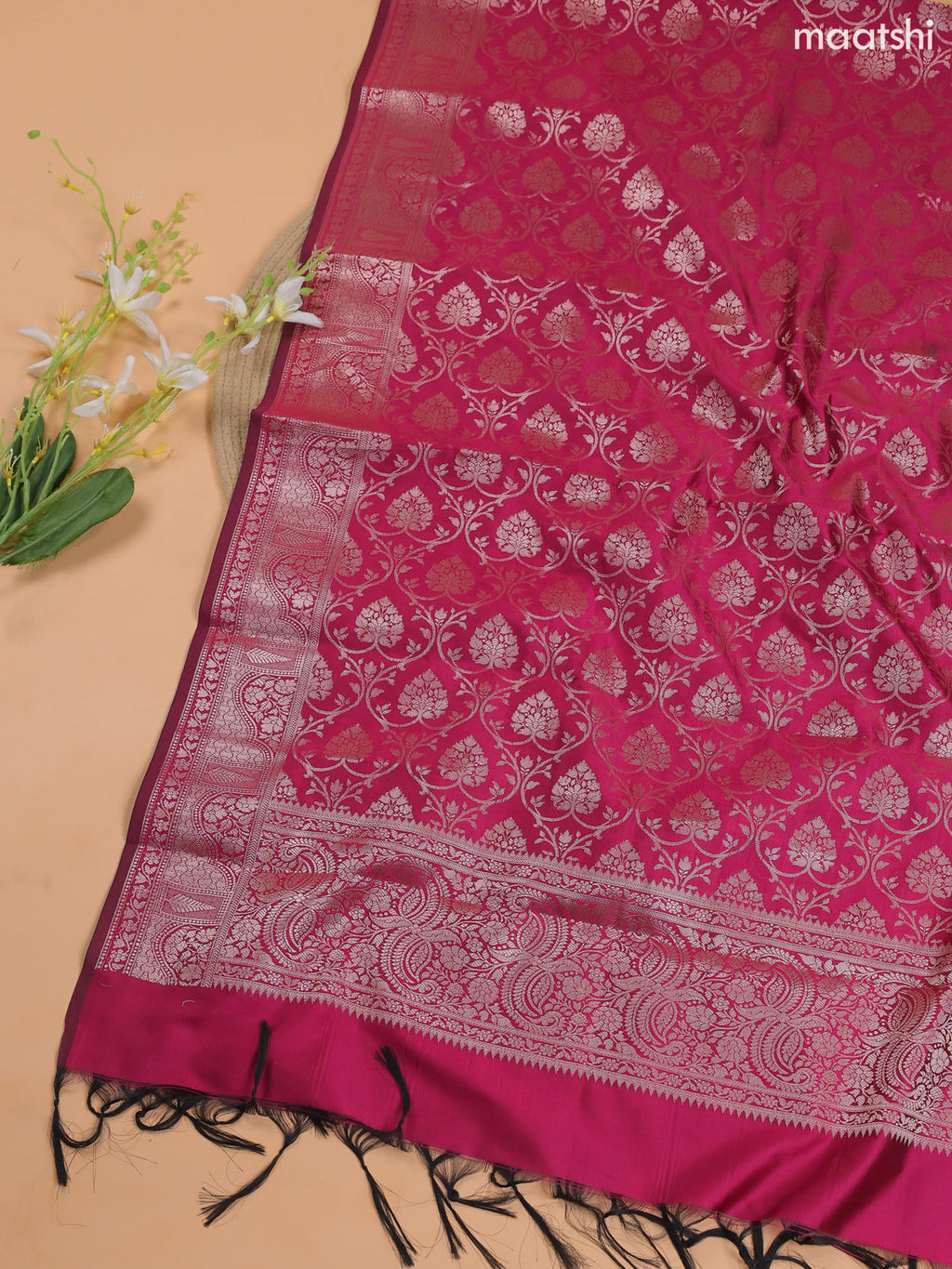 Navy Blue and Magenta Pink Banarasi Silk Dress Material With With Allover Zari Buttas