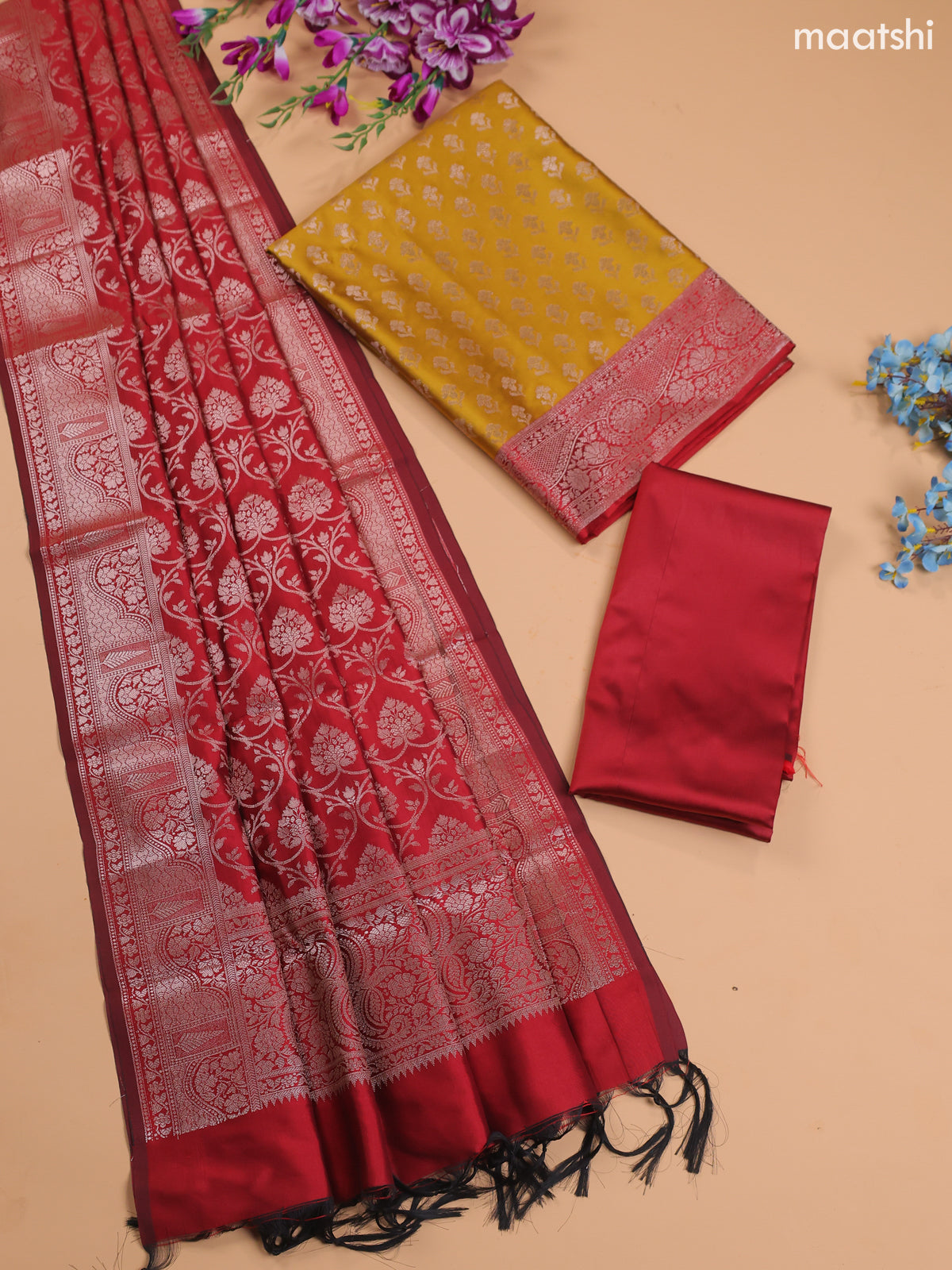 Mustard Yellow and Red Banarasi Silk Dress Material With With Allover Zari Buttas
