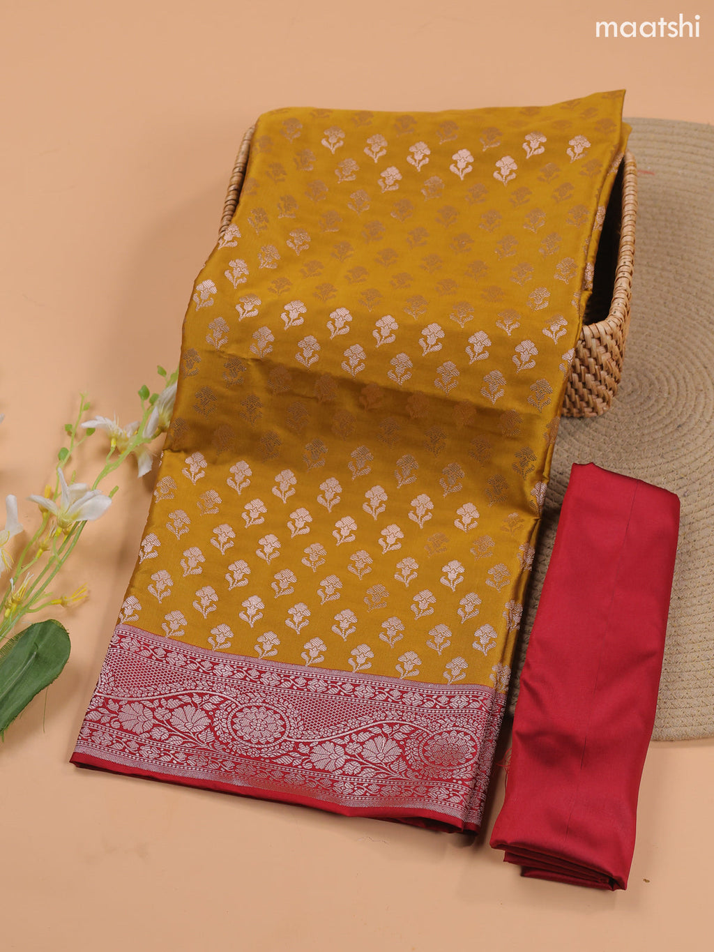 Mustard Yellow and Red Banarasi Silk Dress Material With With Allover Zari Buttas