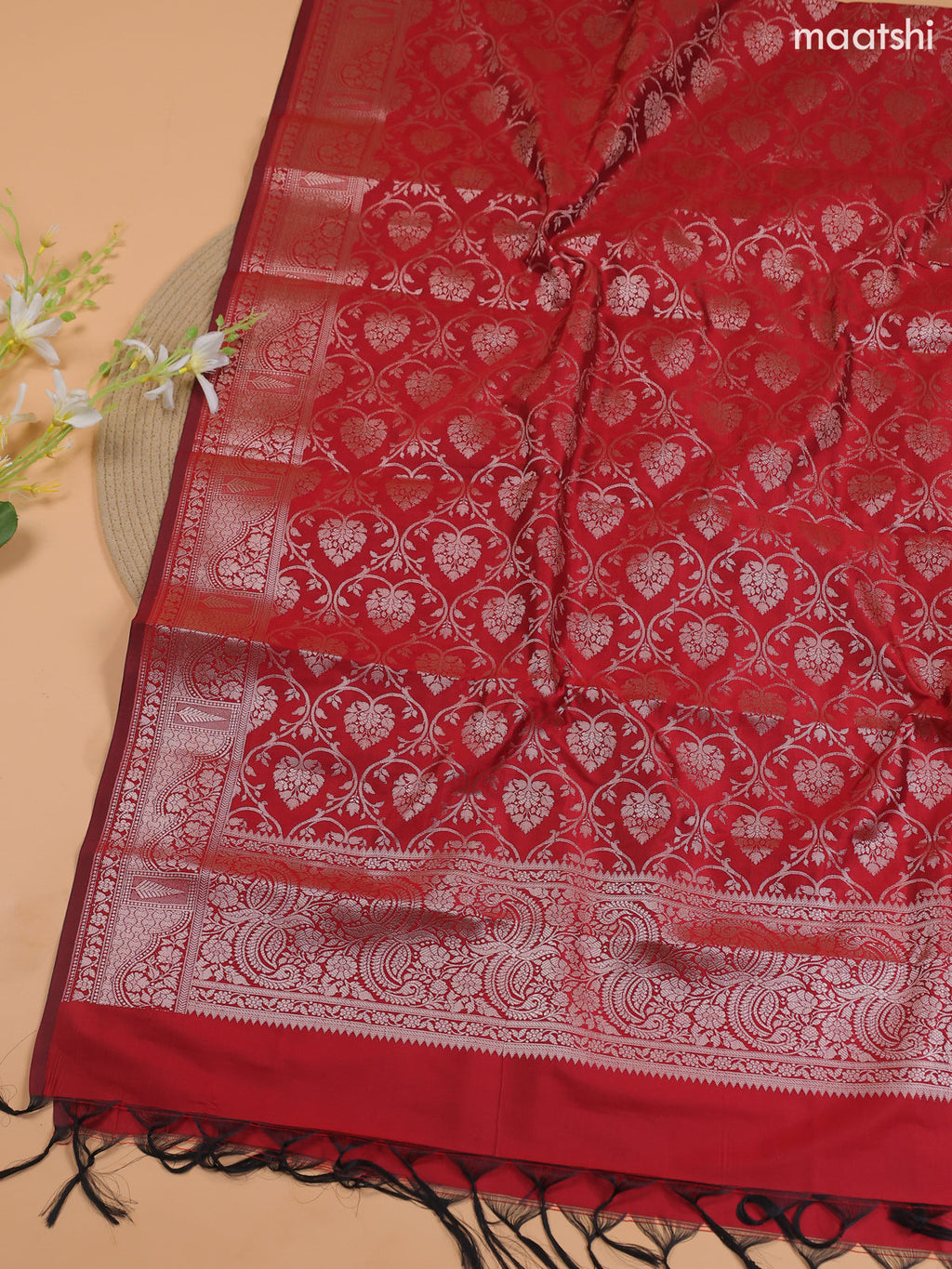Mustard Yellow and Red Banarasi Silk Dress Material With With Allover Zari Buttas