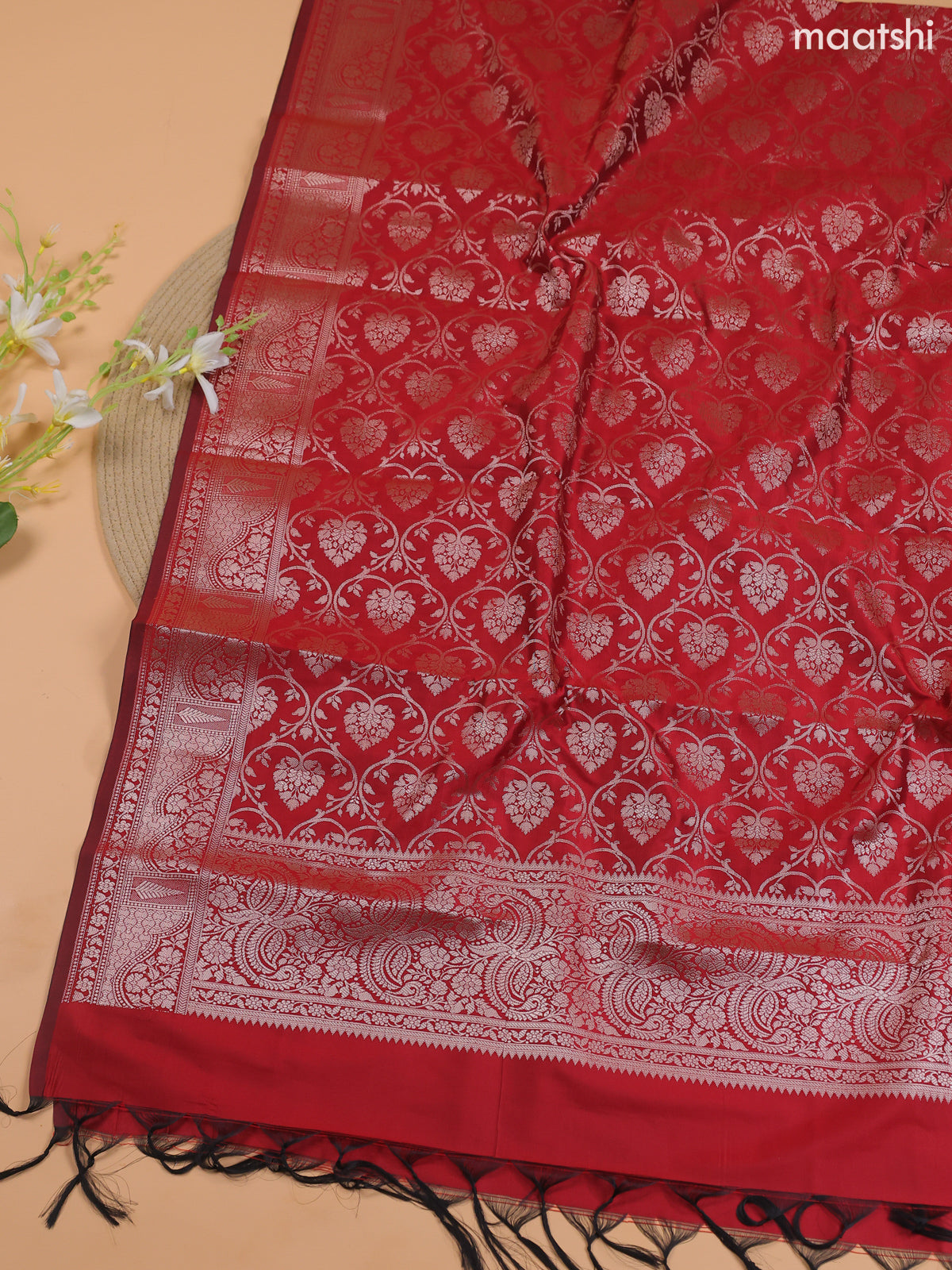 Mustard Yellow and Red Banarasi Silk Dress Material With With Allover Zari Buttas
