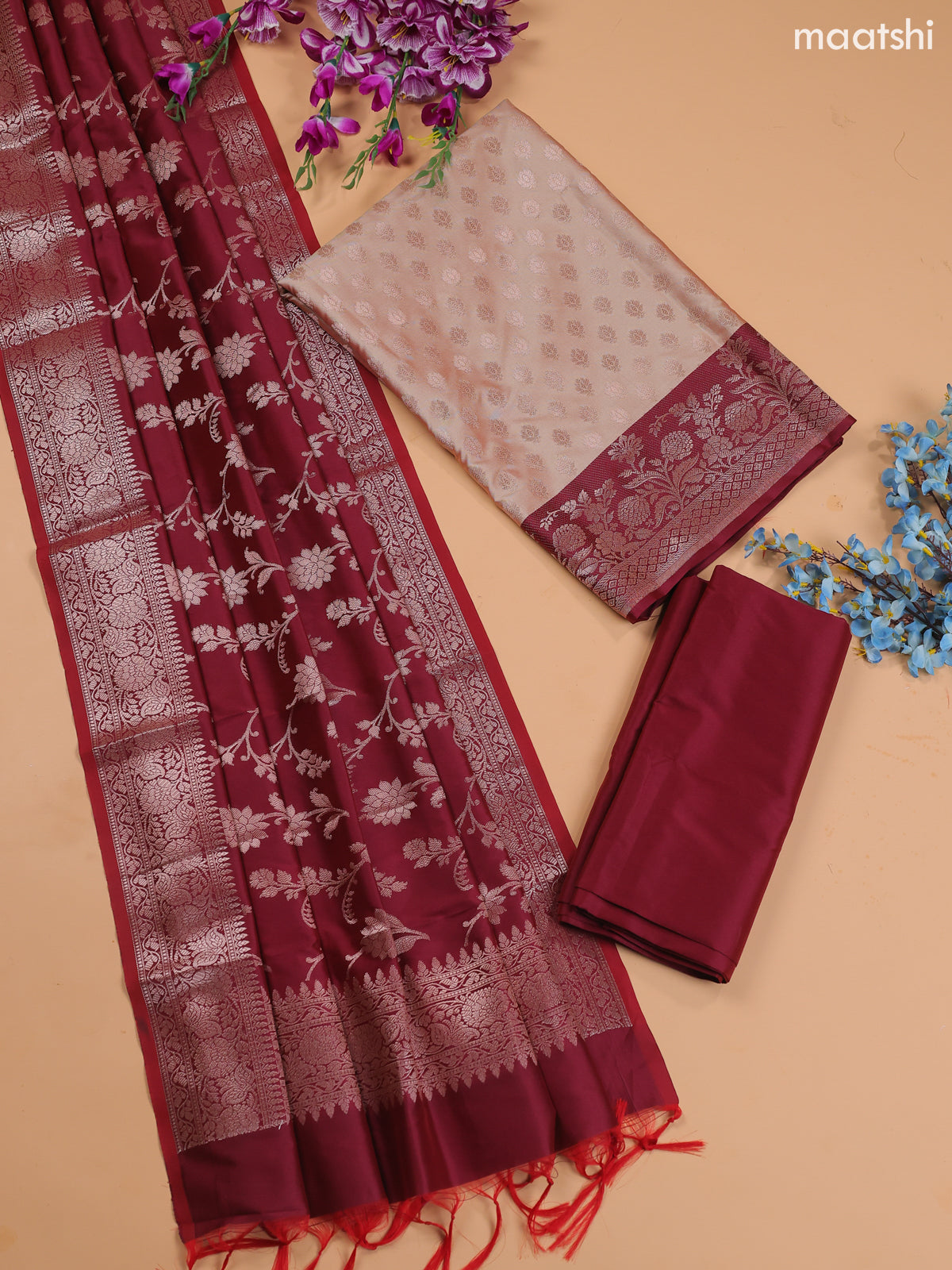 Beige and Maroon Banarasi Silk Dress Material With With Allover Zari Buttas