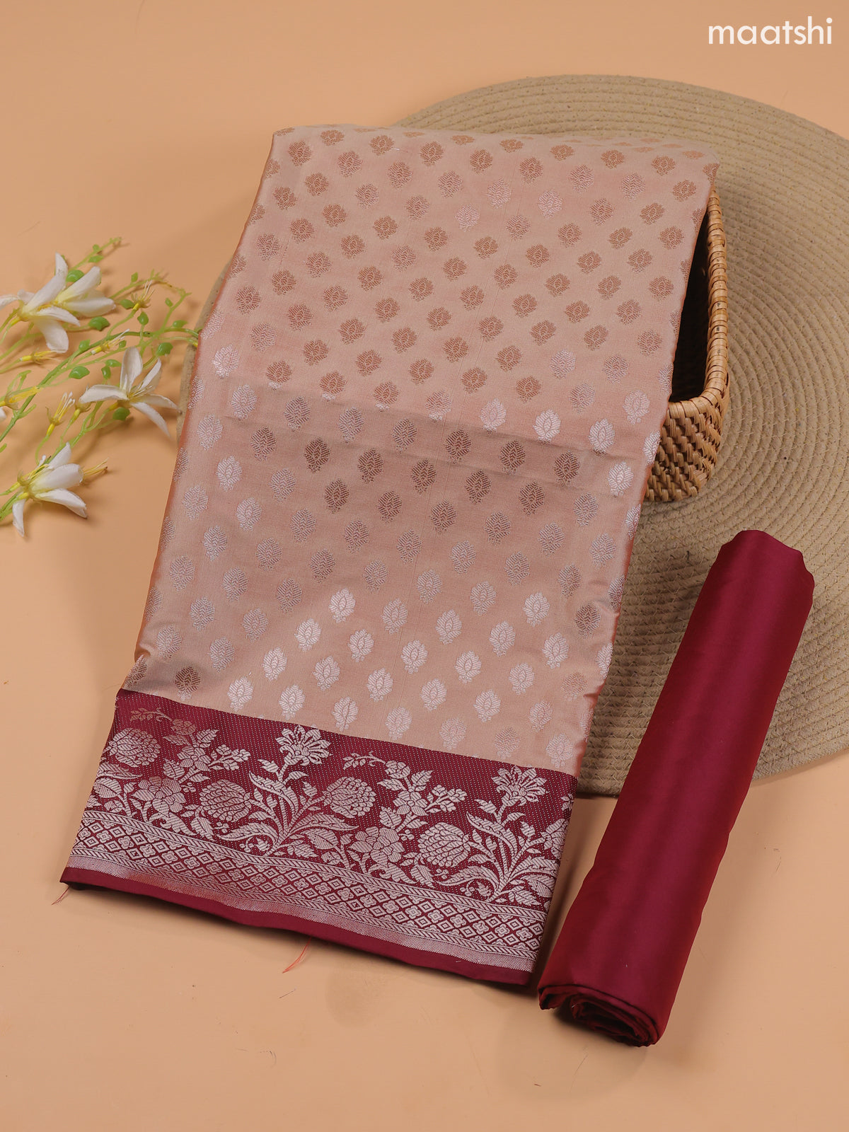 Beige and Maroon Banarasi Silk Dress Material With With Allover Zari Buttas