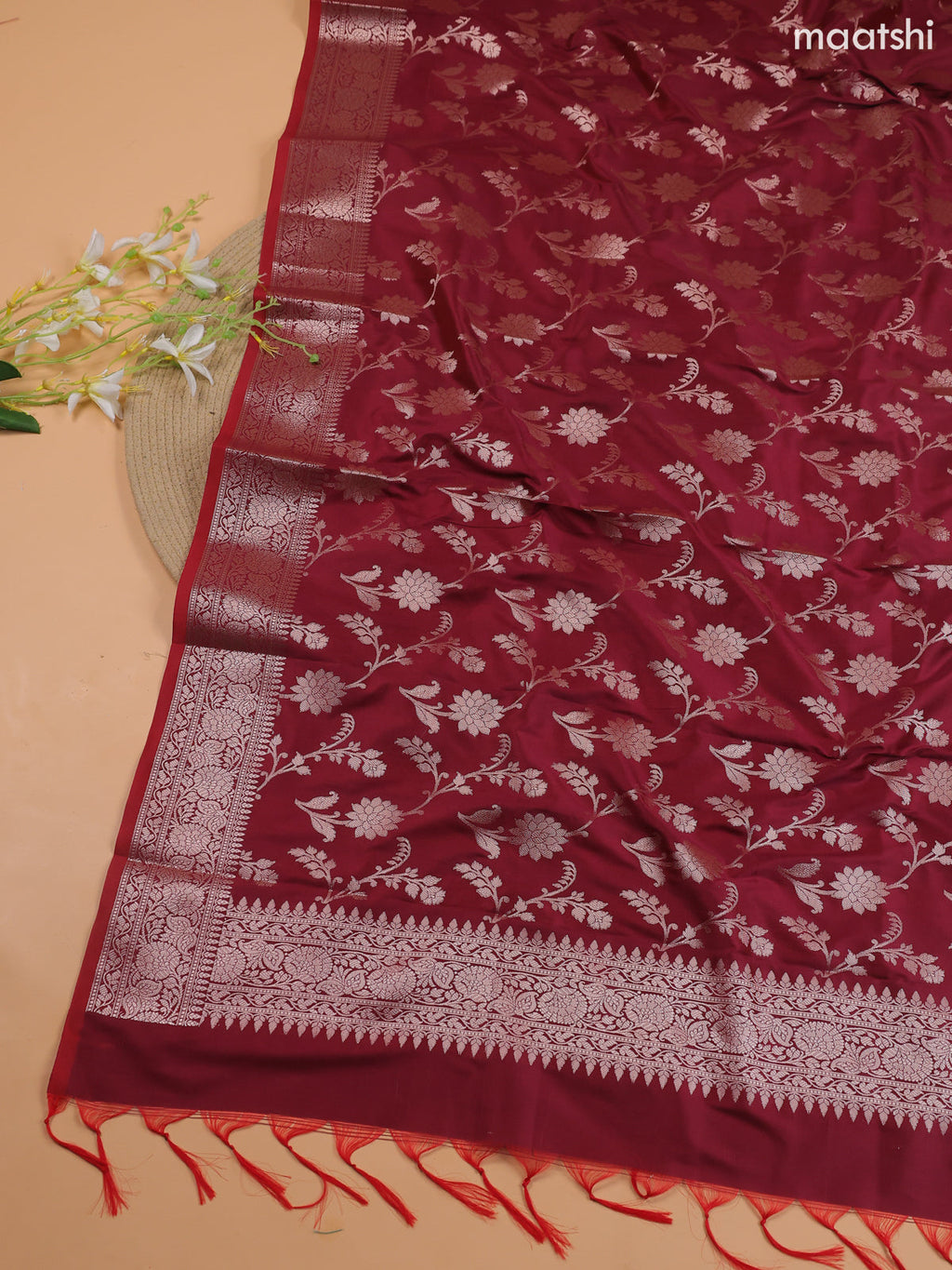 Beige and Maroon Banarasi Silk Dress Material With With Allover Zari Buttas