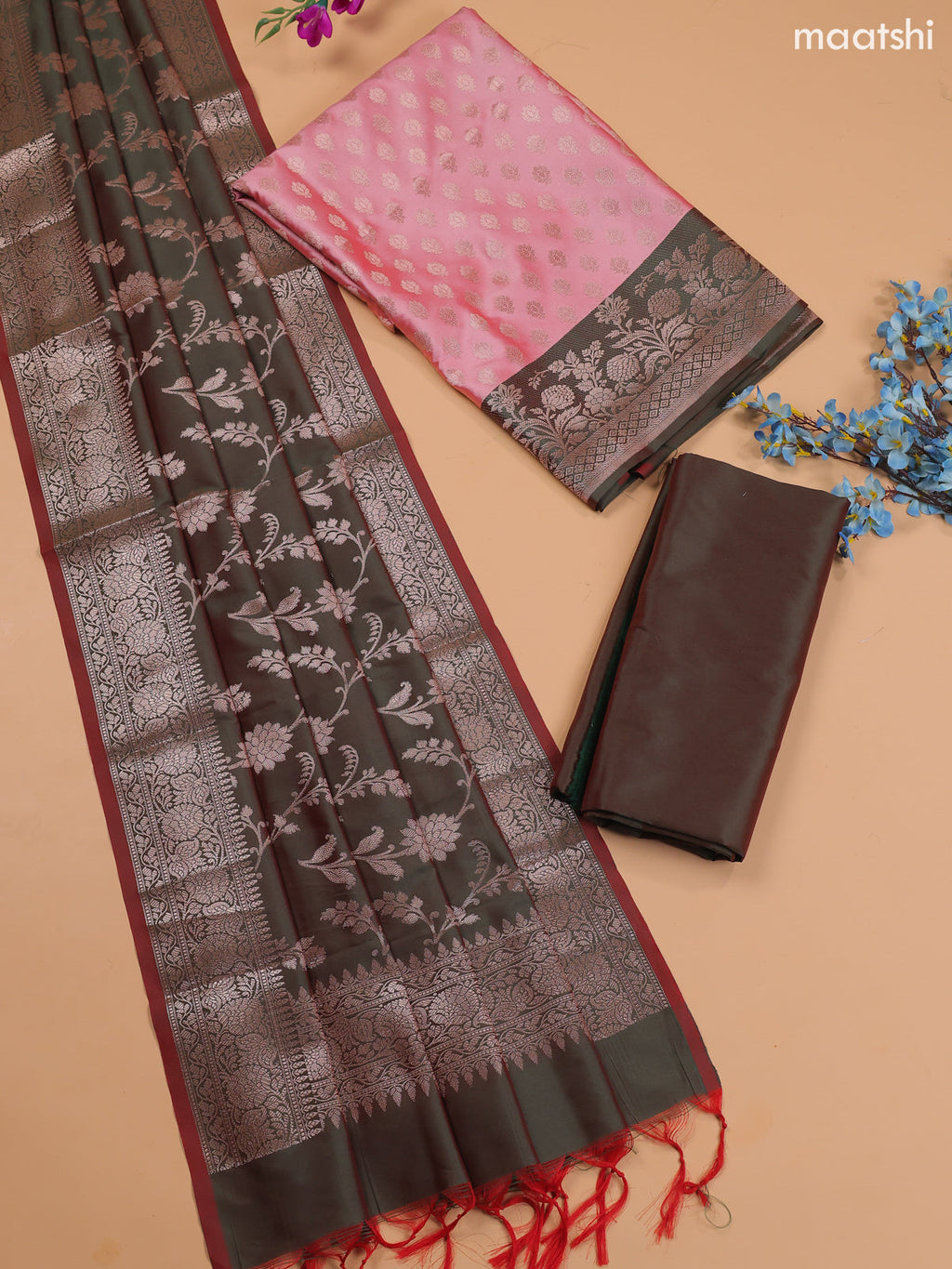 Peach Pink and Dual Shade Of Green Banarasi Silk Dress Material With With Allover Zari Buttas