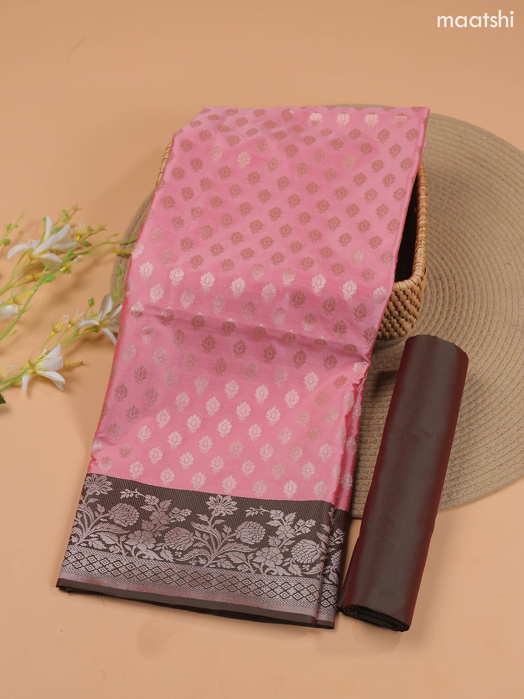 Peach Pink and Dual Shade Of Green Banarasi Silk Dress Material With With Allover Zari Buttas