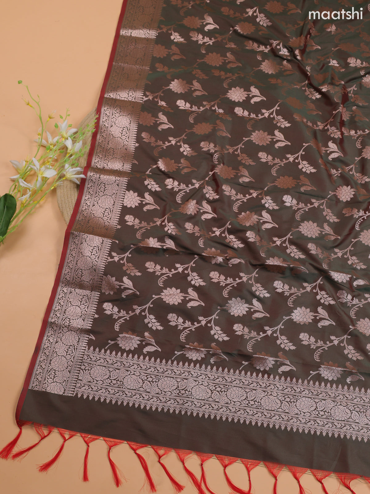 Peach Pink and Dual Shade Of Green Banarasi Silk Dress Material With With Allover Zari Buttas