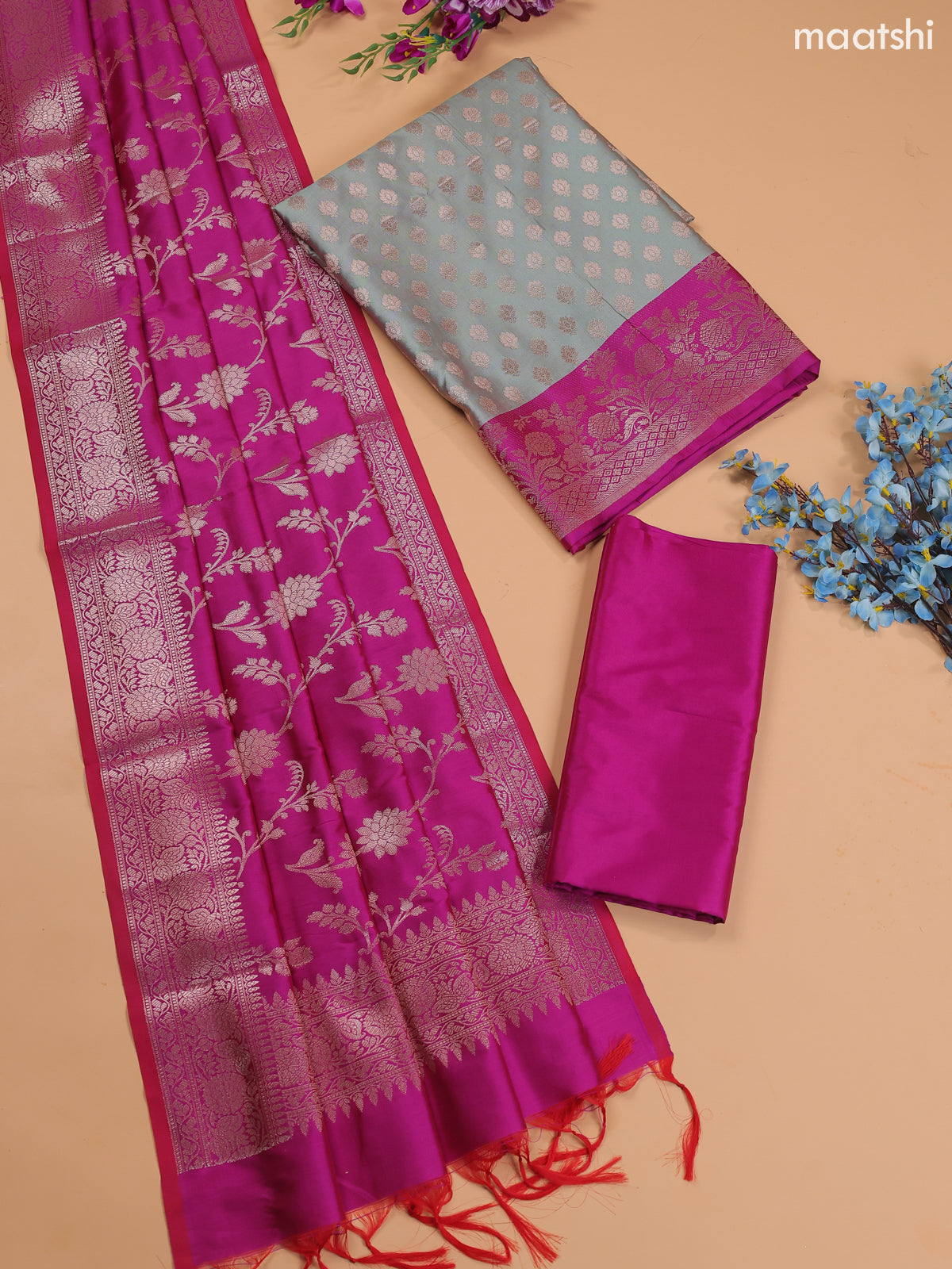 Pastel Green and Magenta Pink Banarasi Silk Dress Material With With Allover Zari Buttas