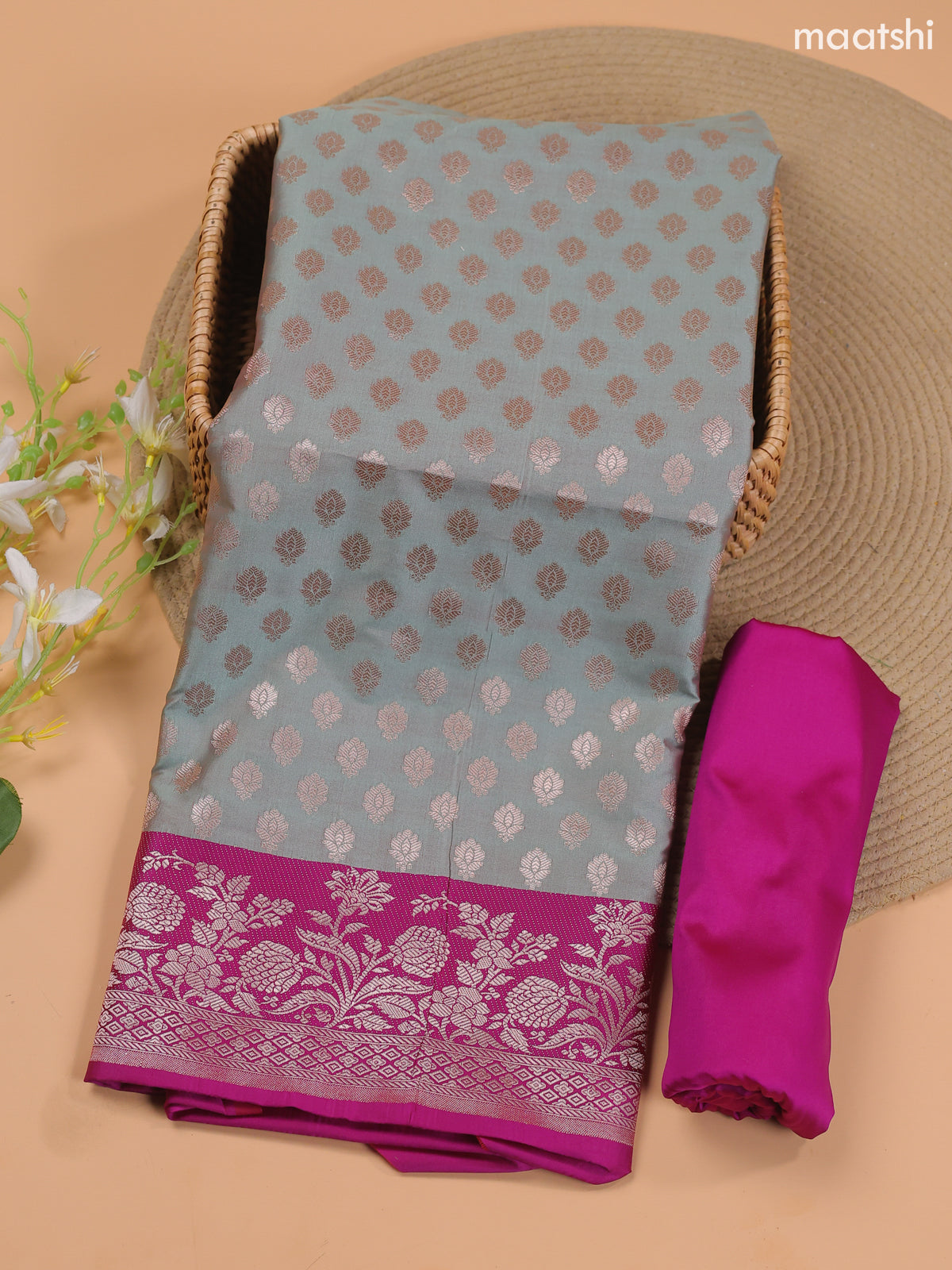 Pastel Green and Magenta Pink Banarasi Silk Dress Material With With Allover Zari Buttas