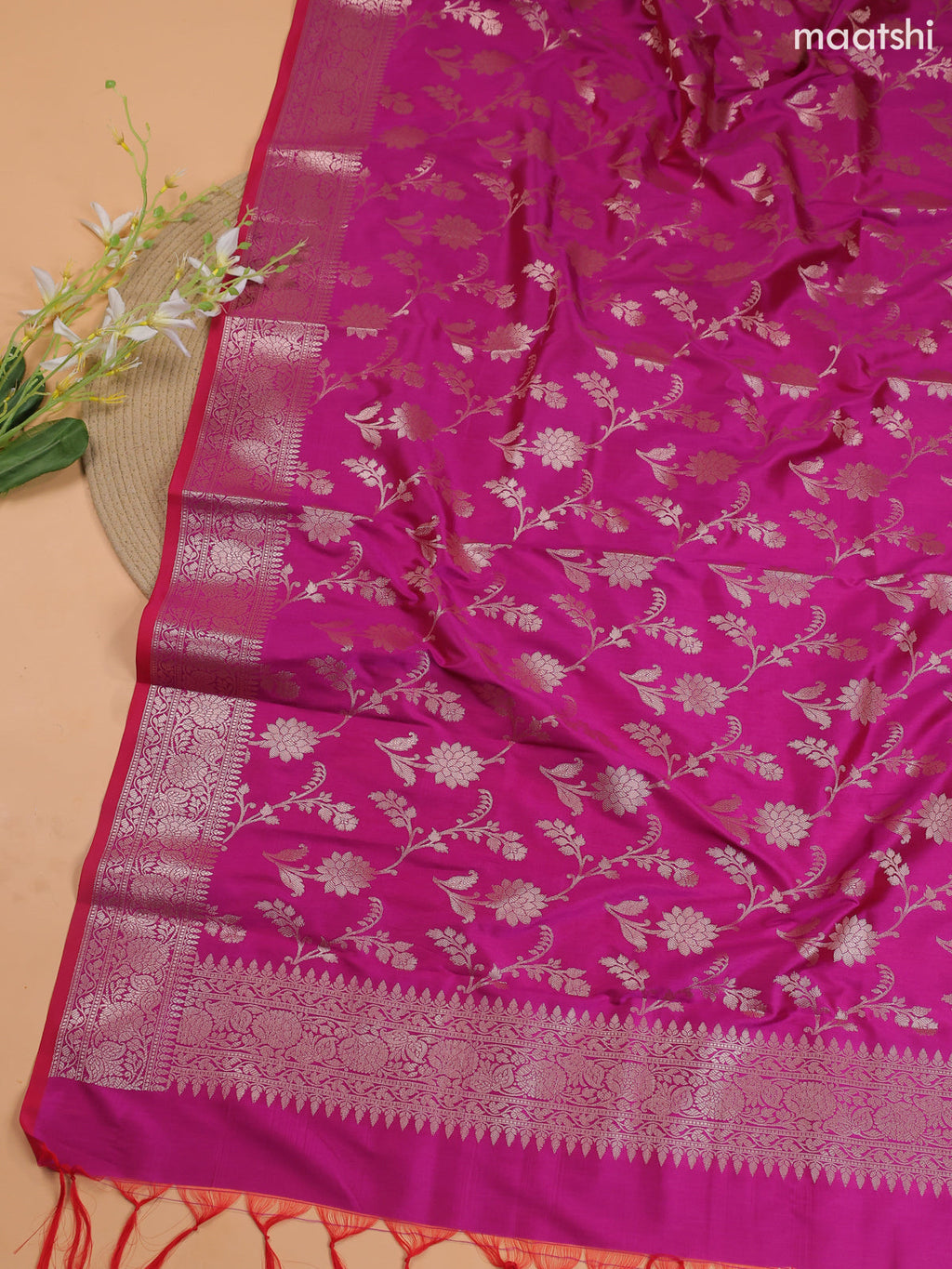Pastel Green and Magenta Pink Banarasi Silk Dress Material With With Allover Zari Buttas