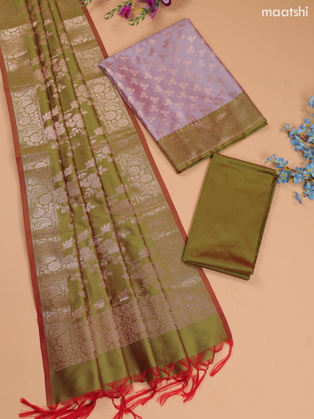 Pastel Lavender and Green Banarasi Silk Dress Material With With Allover Zari Buttas