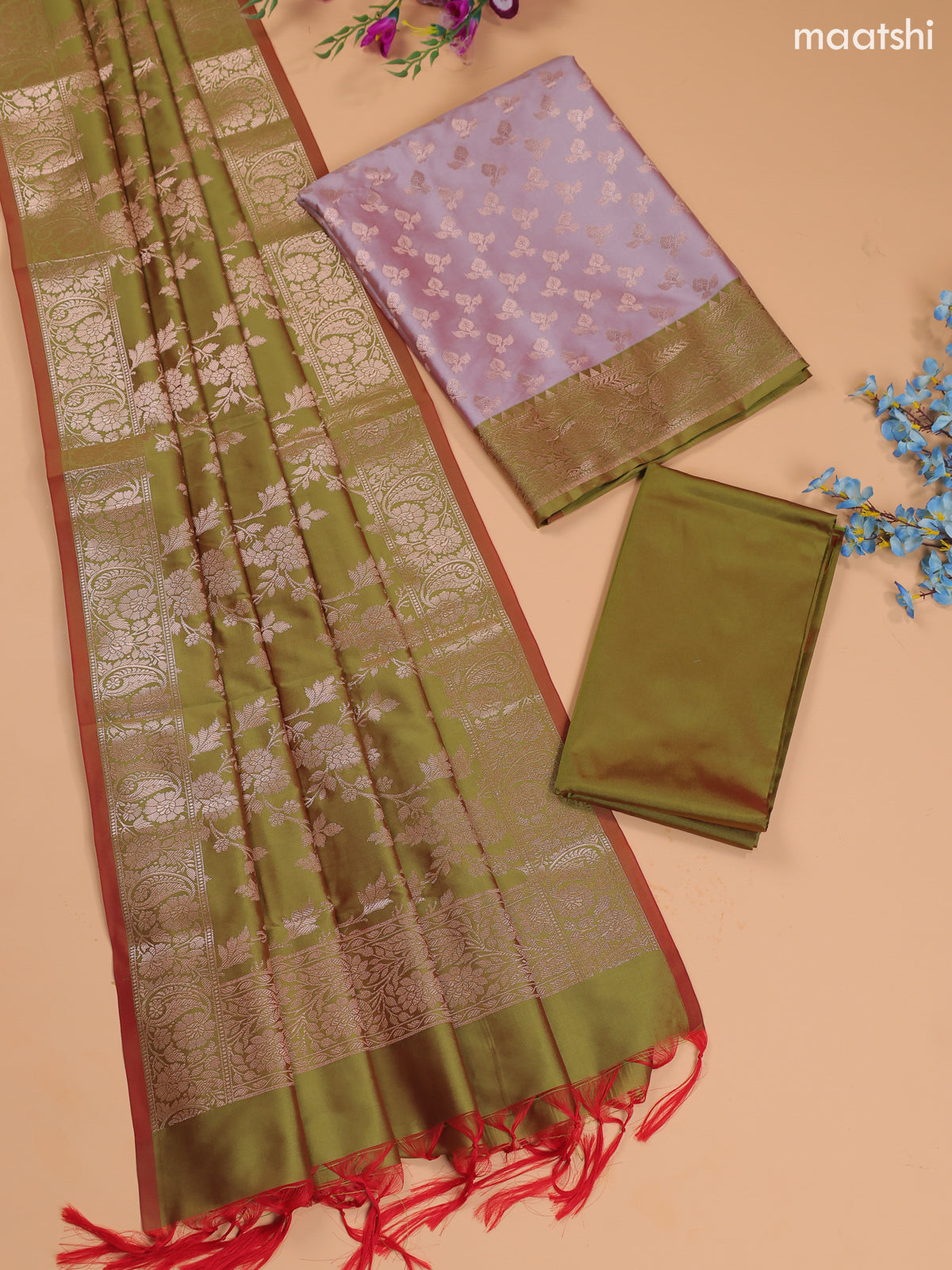 Pastel Lavender and Green Banarasi Silk Dress Material With With Allover Zari Buttas