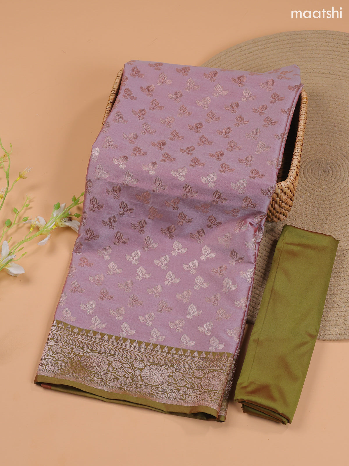 Pastel Lavender and Green Banarasi Silk Dress Material With With Allover Zari Buttas