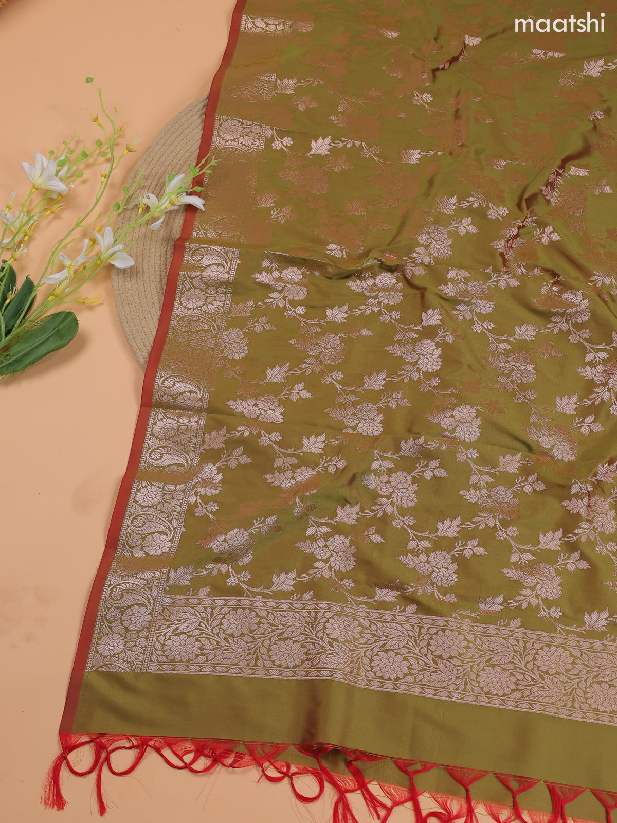 Pastel Lavender and Green Banarasi Silk Dress Material With With Allover Zari Buttas