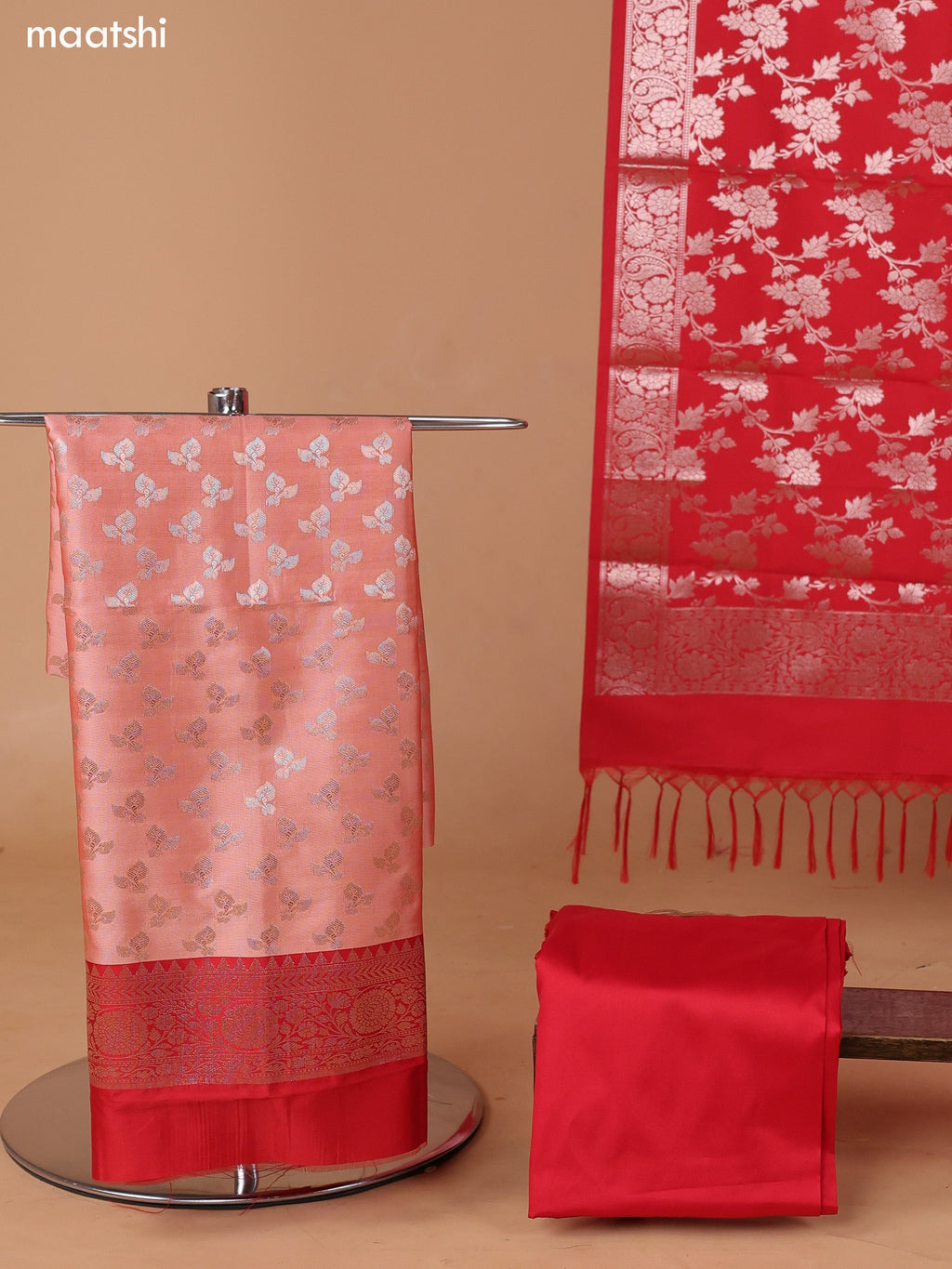 Peach and Red Banarasi Silk Dress Material With With Allover Zari Buttas and Bottom & Dupatta