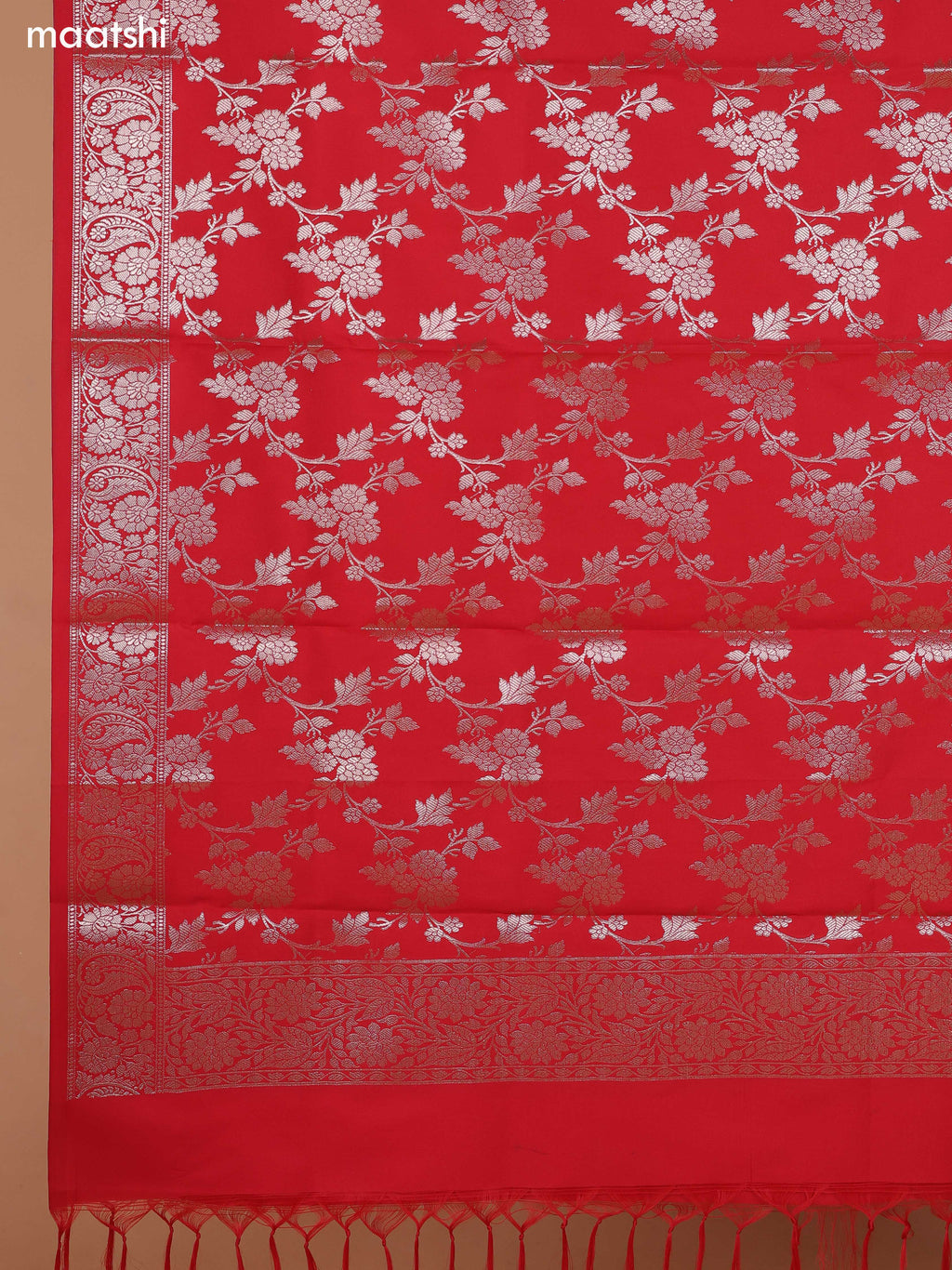 Peach and Red Banarasi Silk Dress Material With With Allover Zari Buttas and Bottom & Dupatta