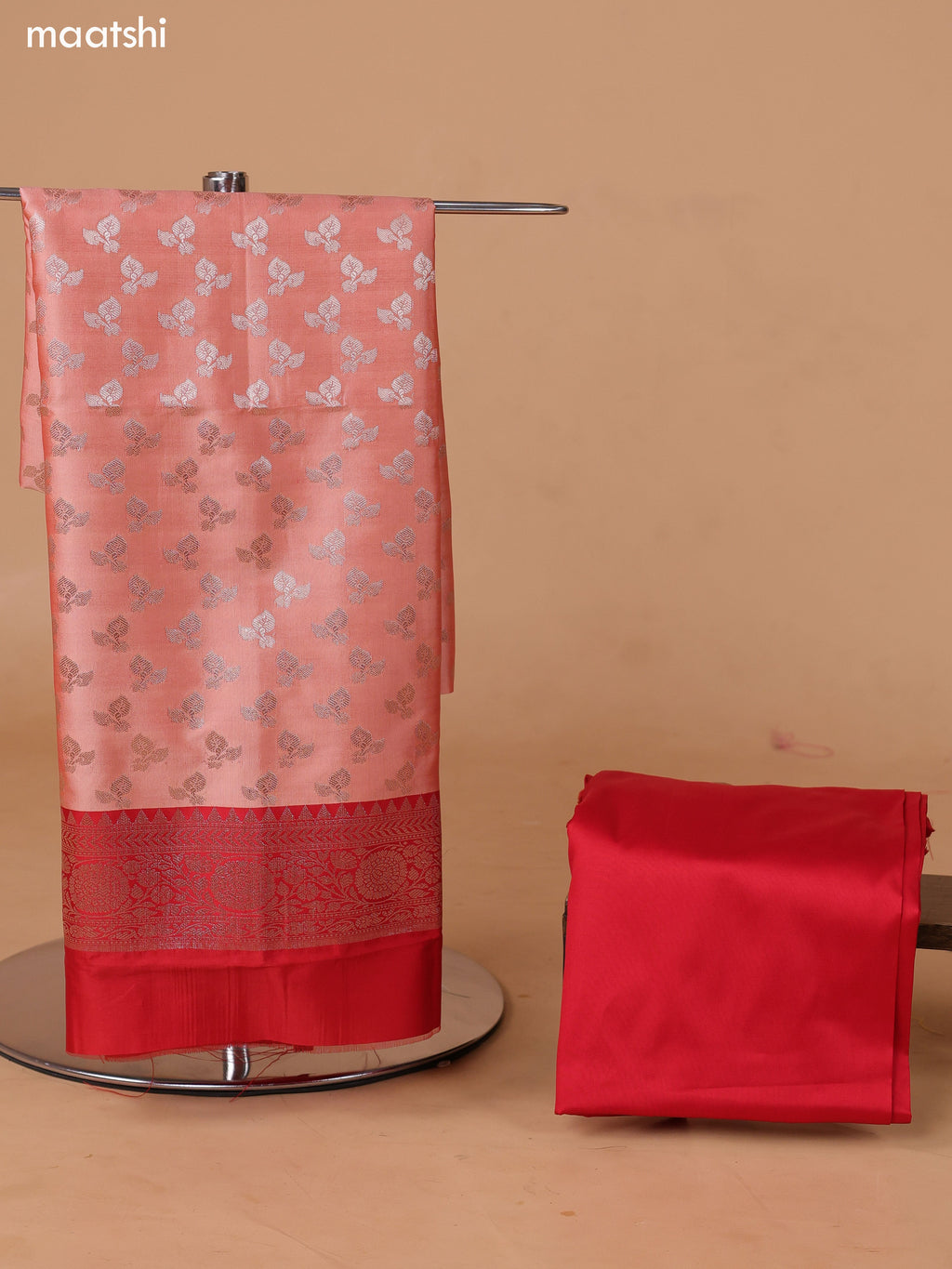 Peach and Red Banarasi Silk Dress Material With With Allover Zari Buttas and Bottom & Dupatta