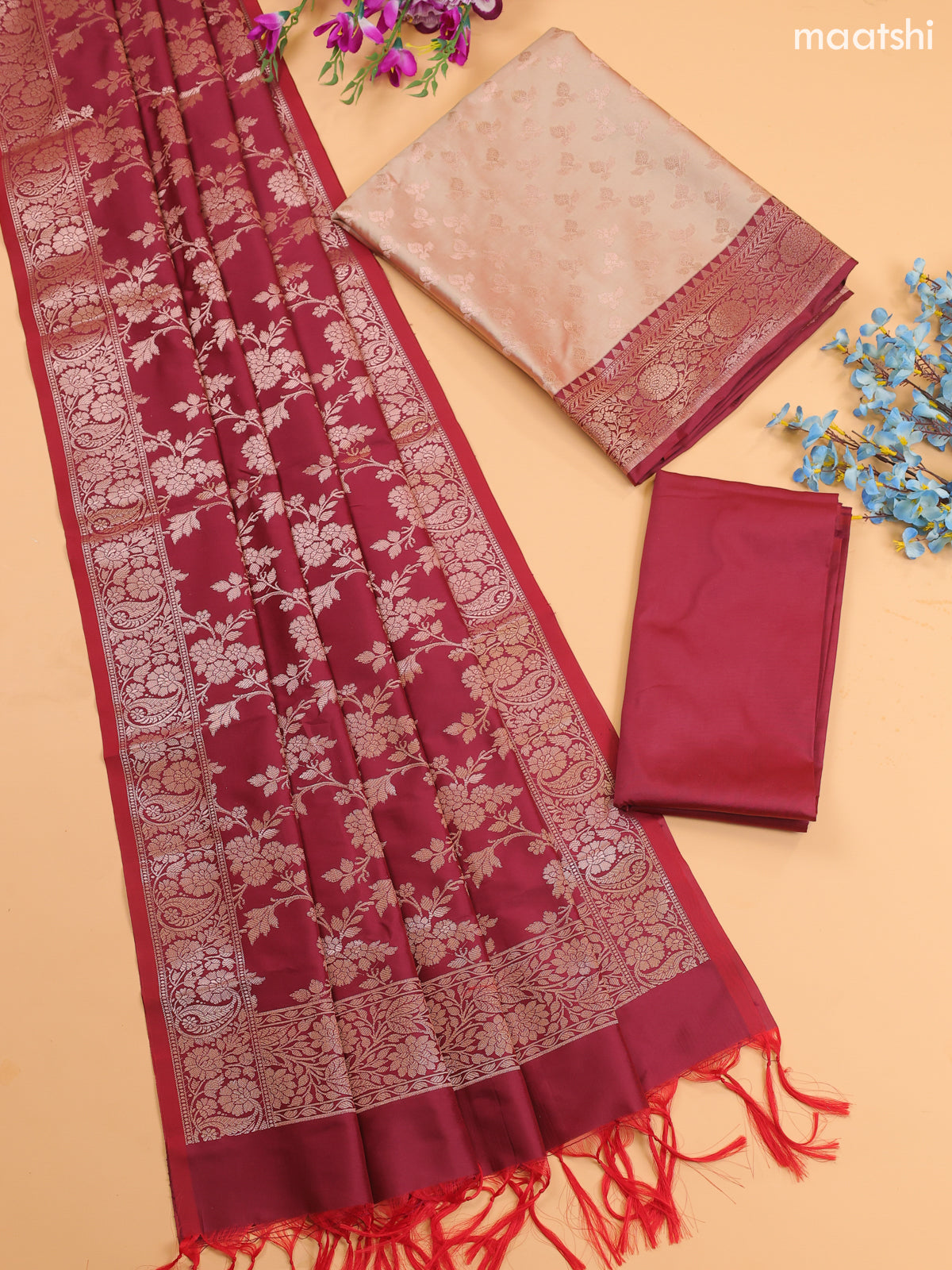 Dual Shade Of Beige and Maroon Banarasi Silk Dress Material With With Allover Zari Buttas