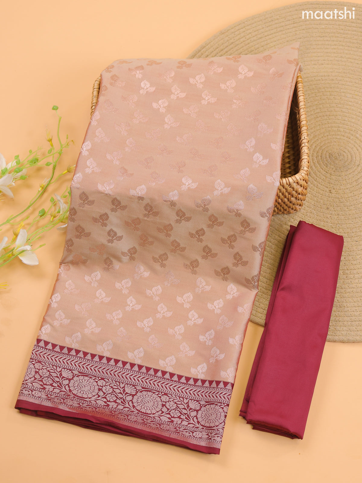 Dual Shade Of Beige and Maroon Banarasi Silk Dress Material With With Allover Zari Buttas