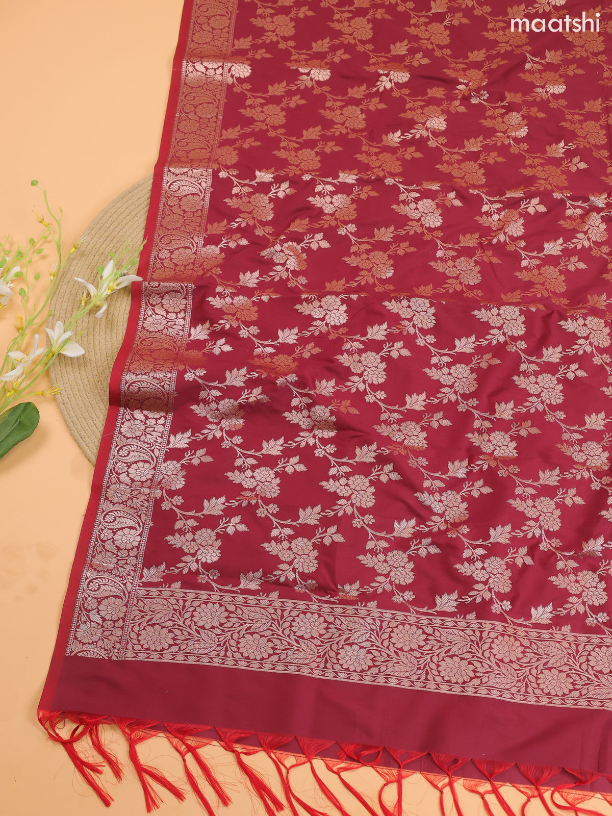 Dual Shade Of Beige and Maroon Banarasi Silk Dress Material With With Allover Zari Buttas