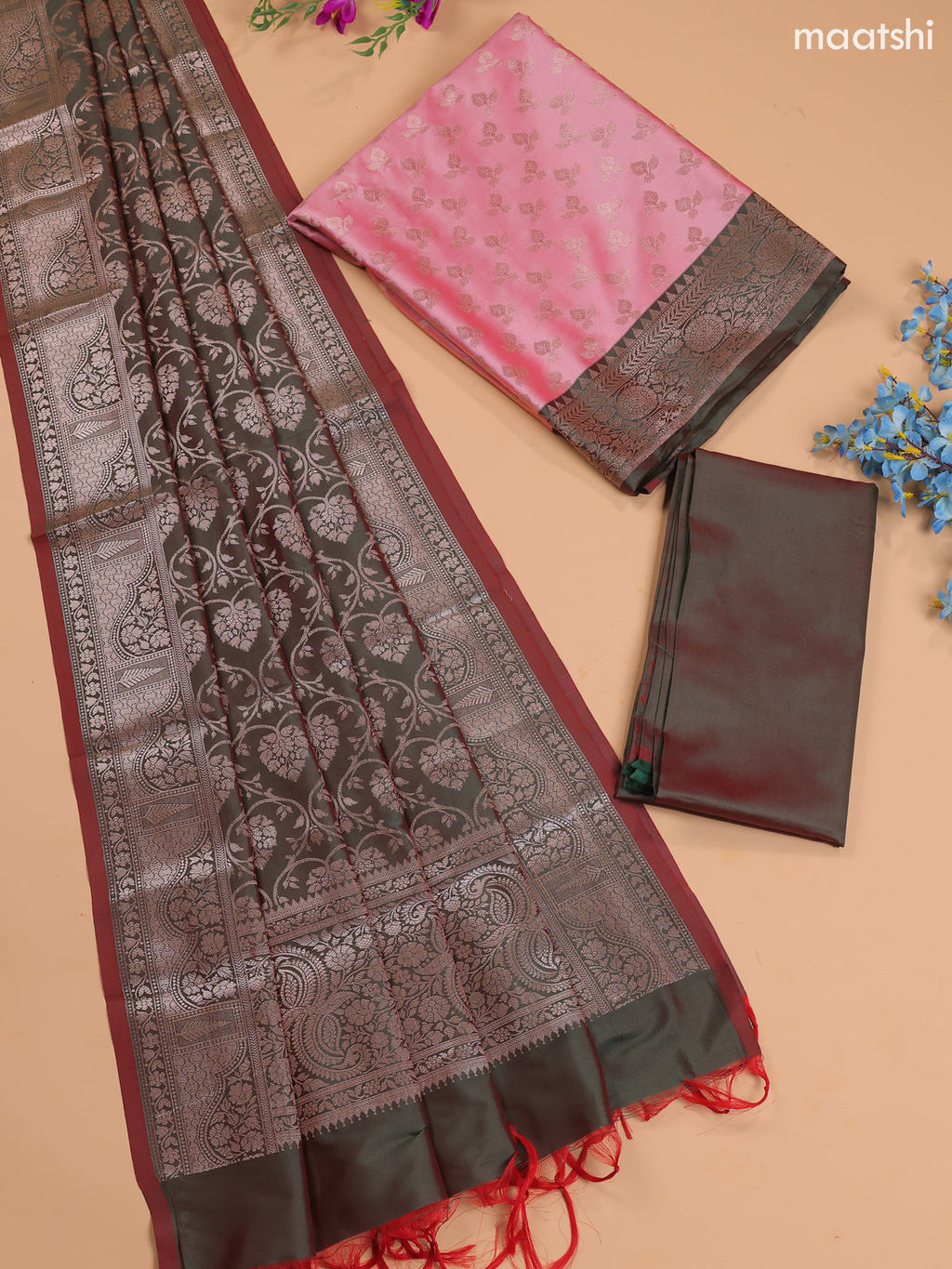 Dual Shade Of Peach and Green Banarasi Silk Dress Material With With Allover Zari Buttas